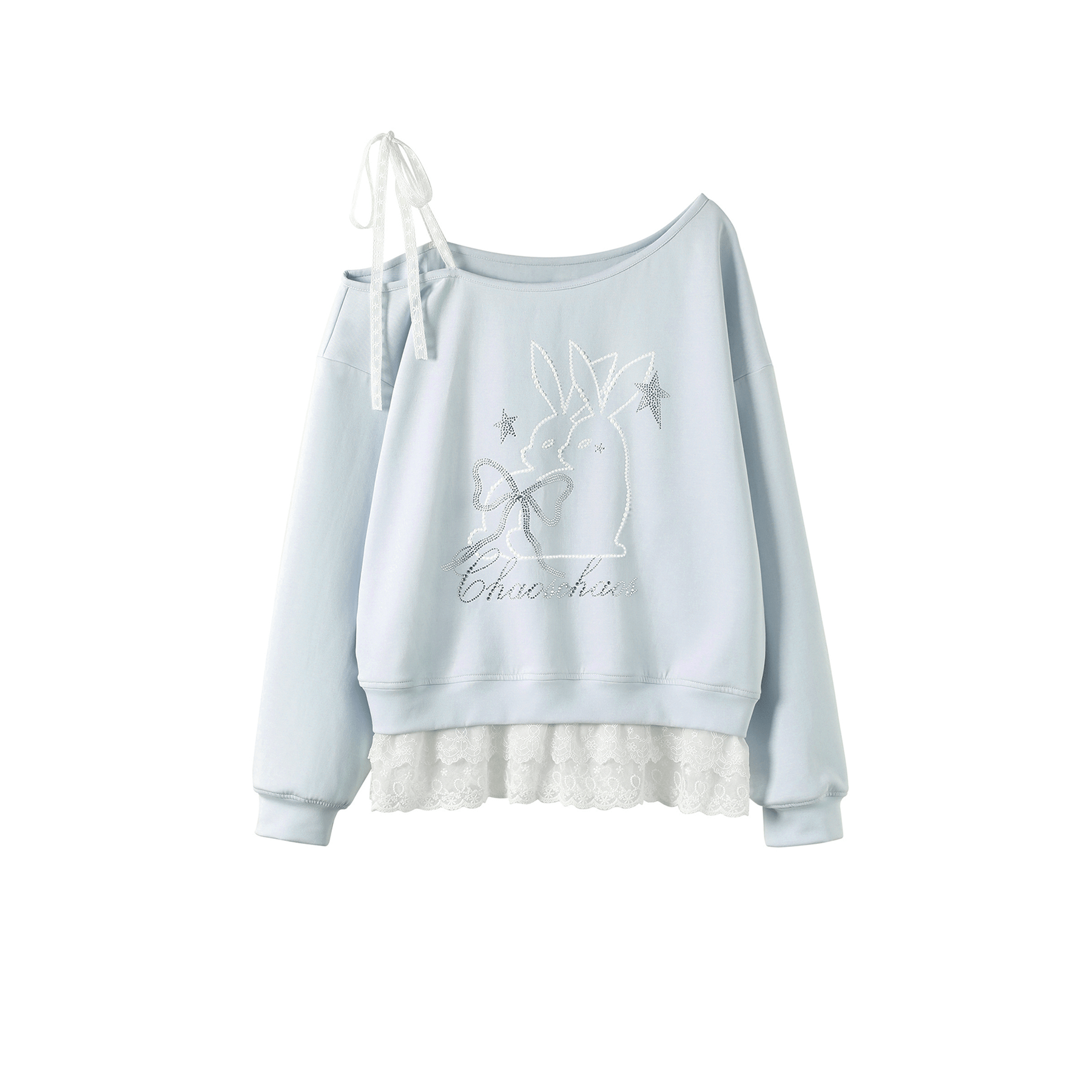 CHAOSCHAOS Rabbit Diamond Fake Two - piece Off - shoulder Sweatshirt In Blue | MADAX
