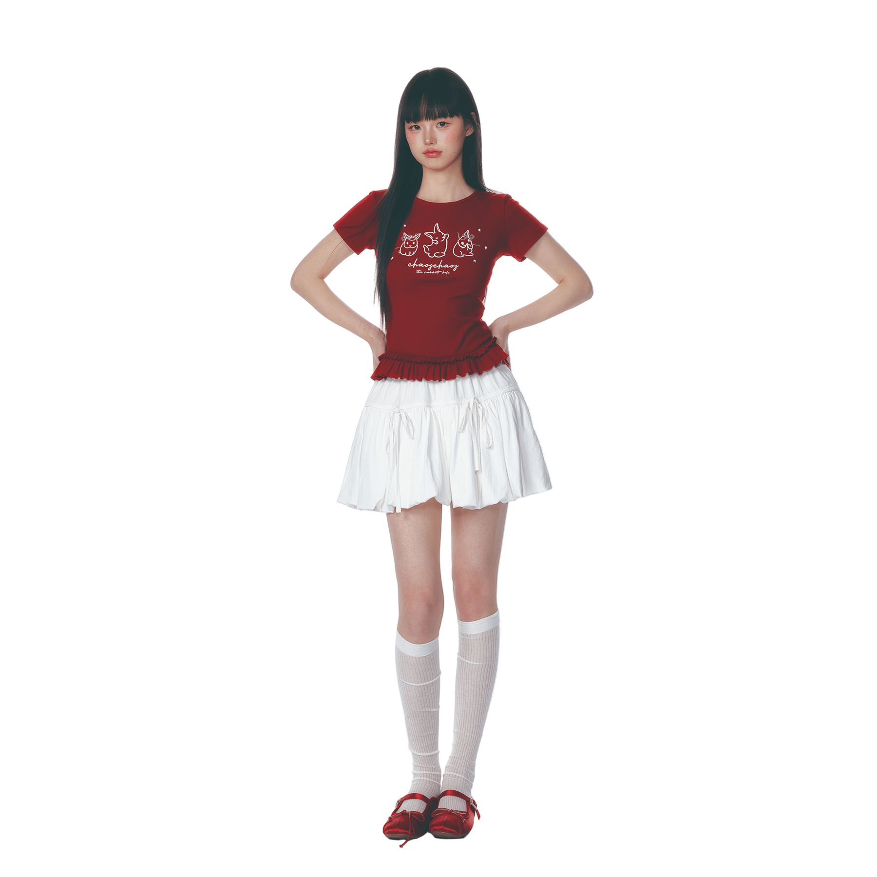 CHAOSCHAOS Rabbit Print Hem Lace T-shirt In Red | MADAX