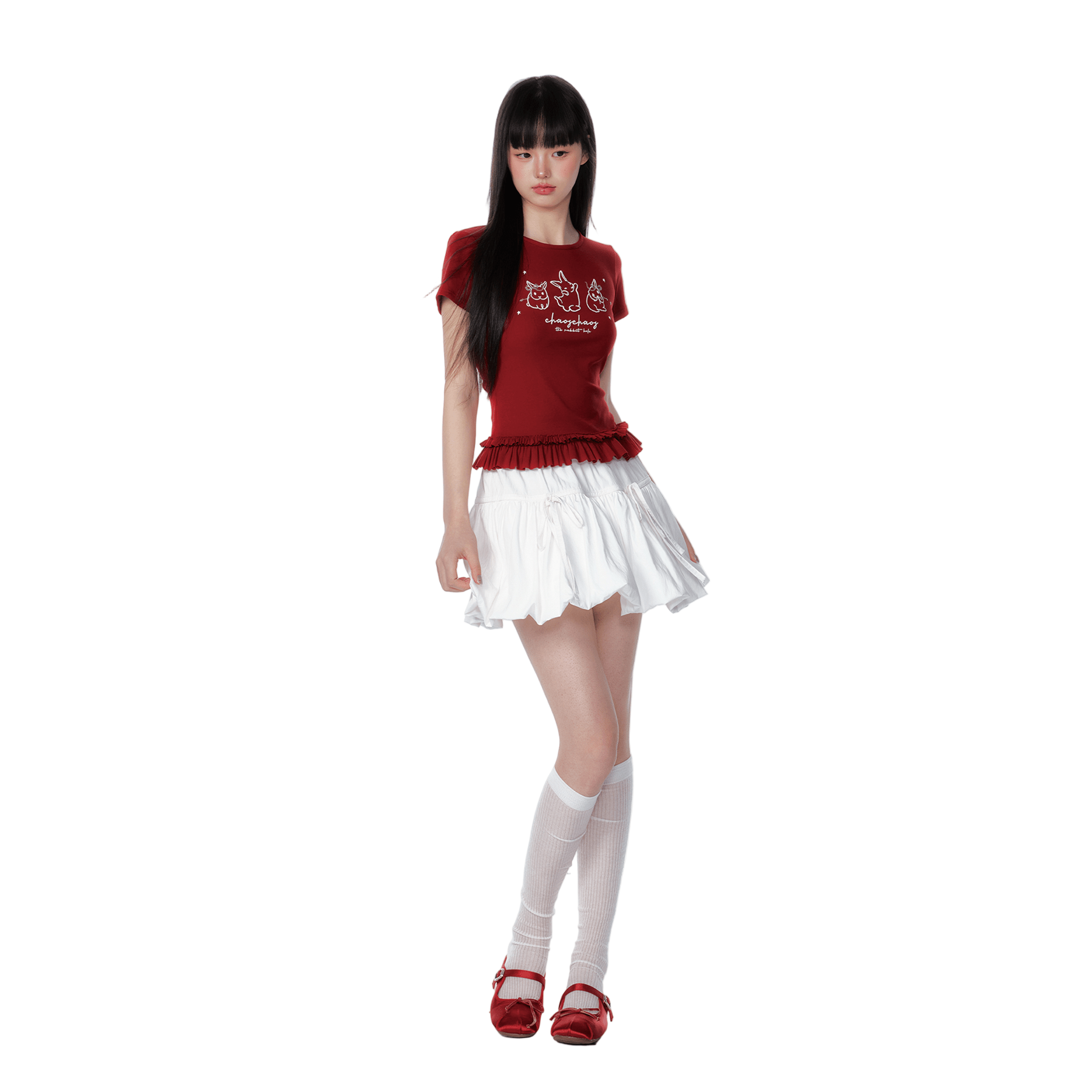 CHAOSCHAOS Rabbit Print Hem Lace T-shirt In Red | MADAX