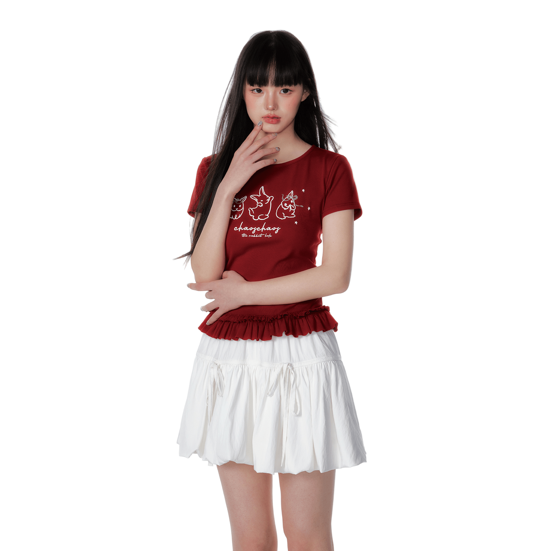 CHAOSCHAOS Rabbit Print Hem Lace T-shirt In Red | MADAX