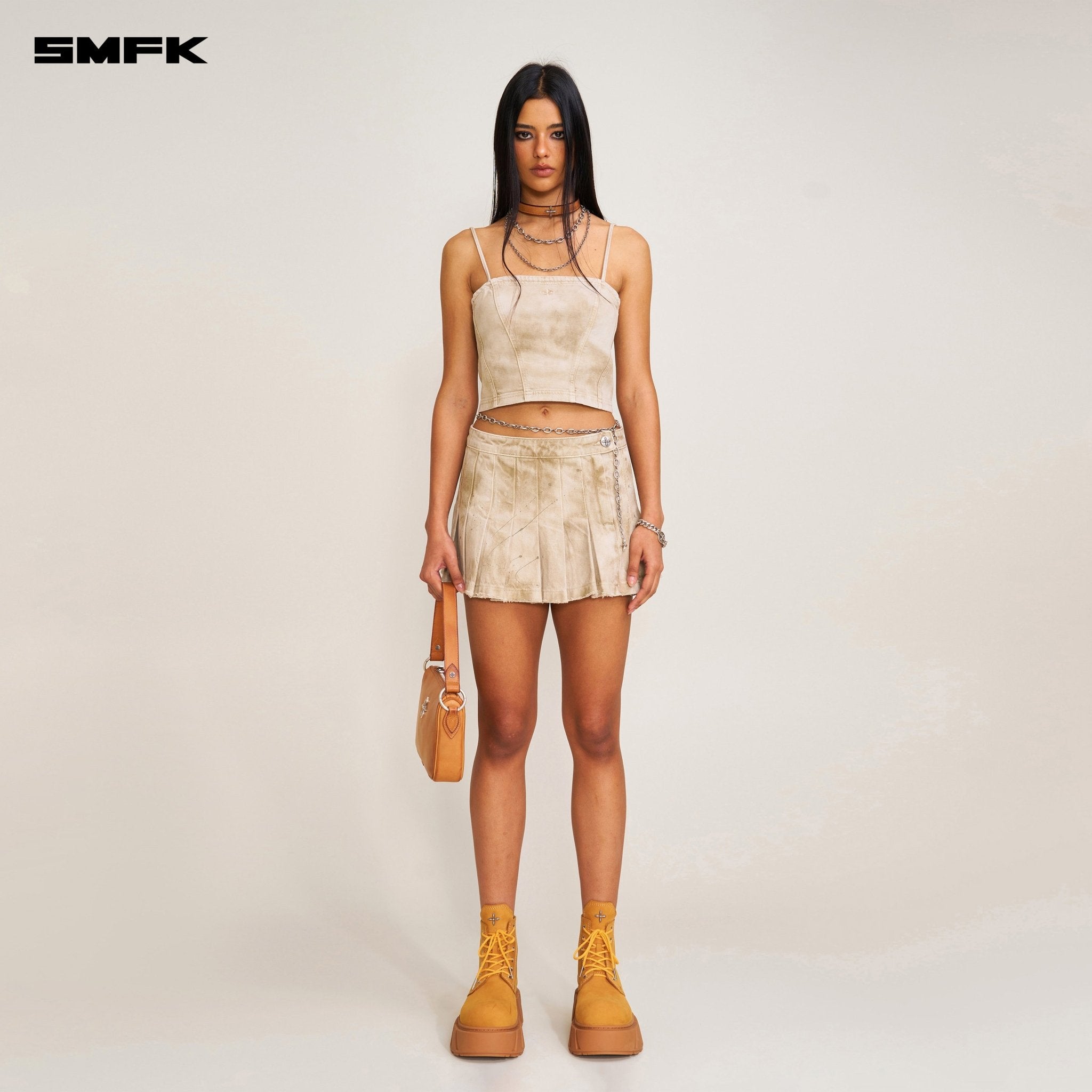 SMFK Rage Wild Denim Pleated Skirt In Brown | MADAX