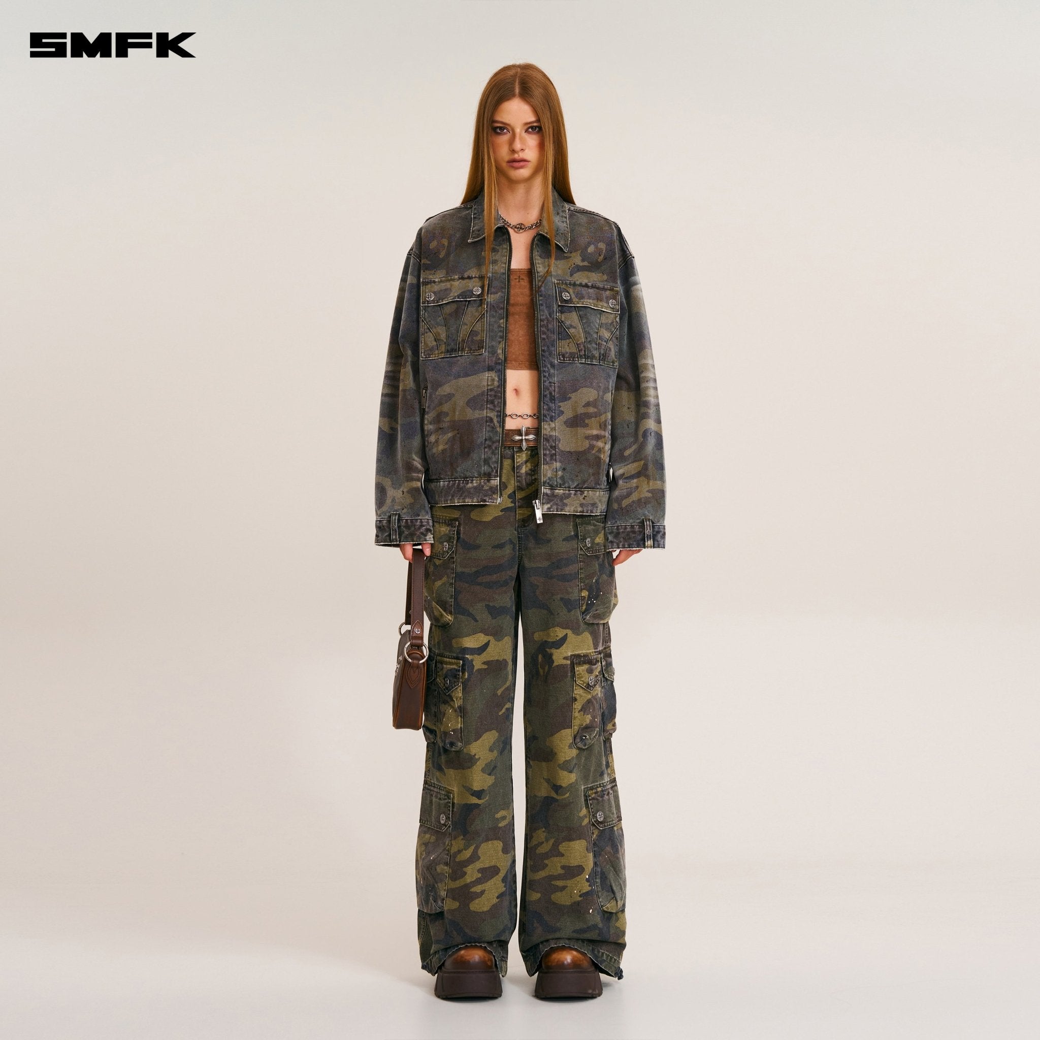 SMFK Rage - Wild Origin Camo Loose Cargo Jacket In Army Green Camouflage | MADAX