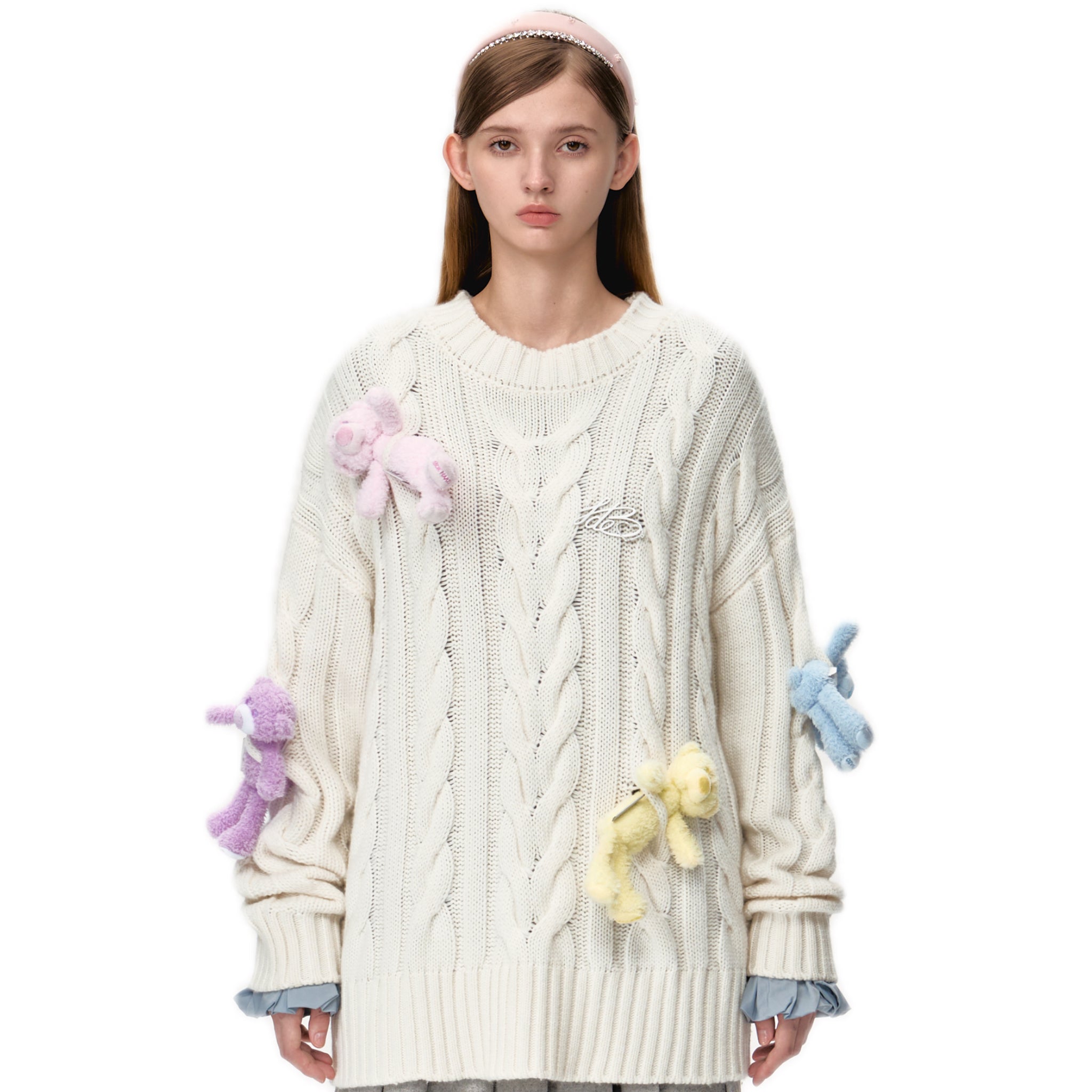 13DE MARZO Rainbow Bear Weave Sweater In White | MADAX