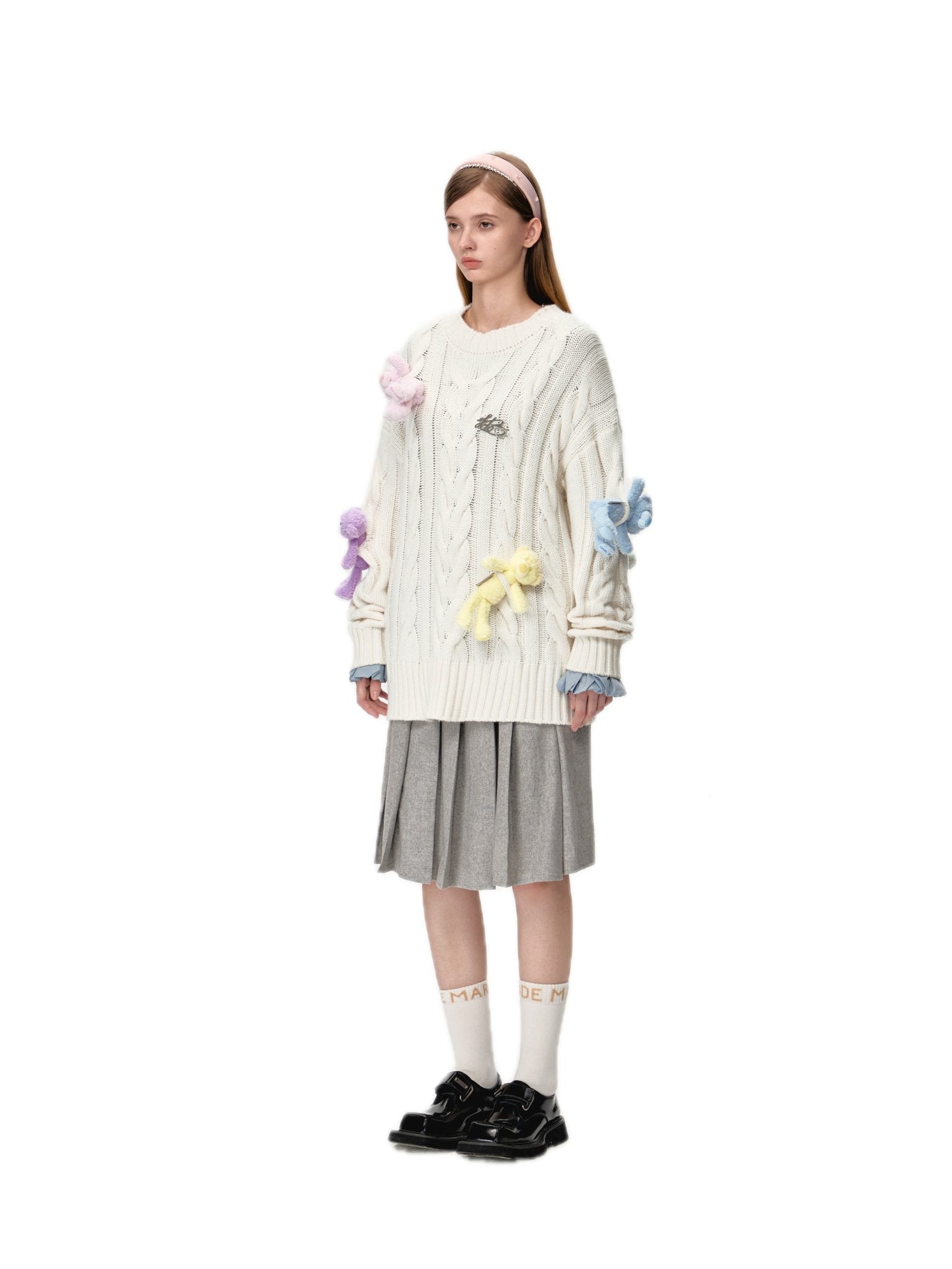 13DE MARZO Rainbow Bear Weave Sweater In White | MADAX