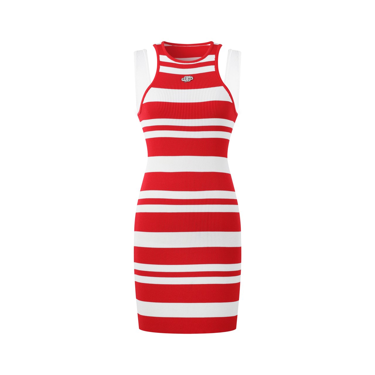 THREE QUARTERS Red and White Patchwork Sleeveless Striped Knit Dress | MADA IN CHINA