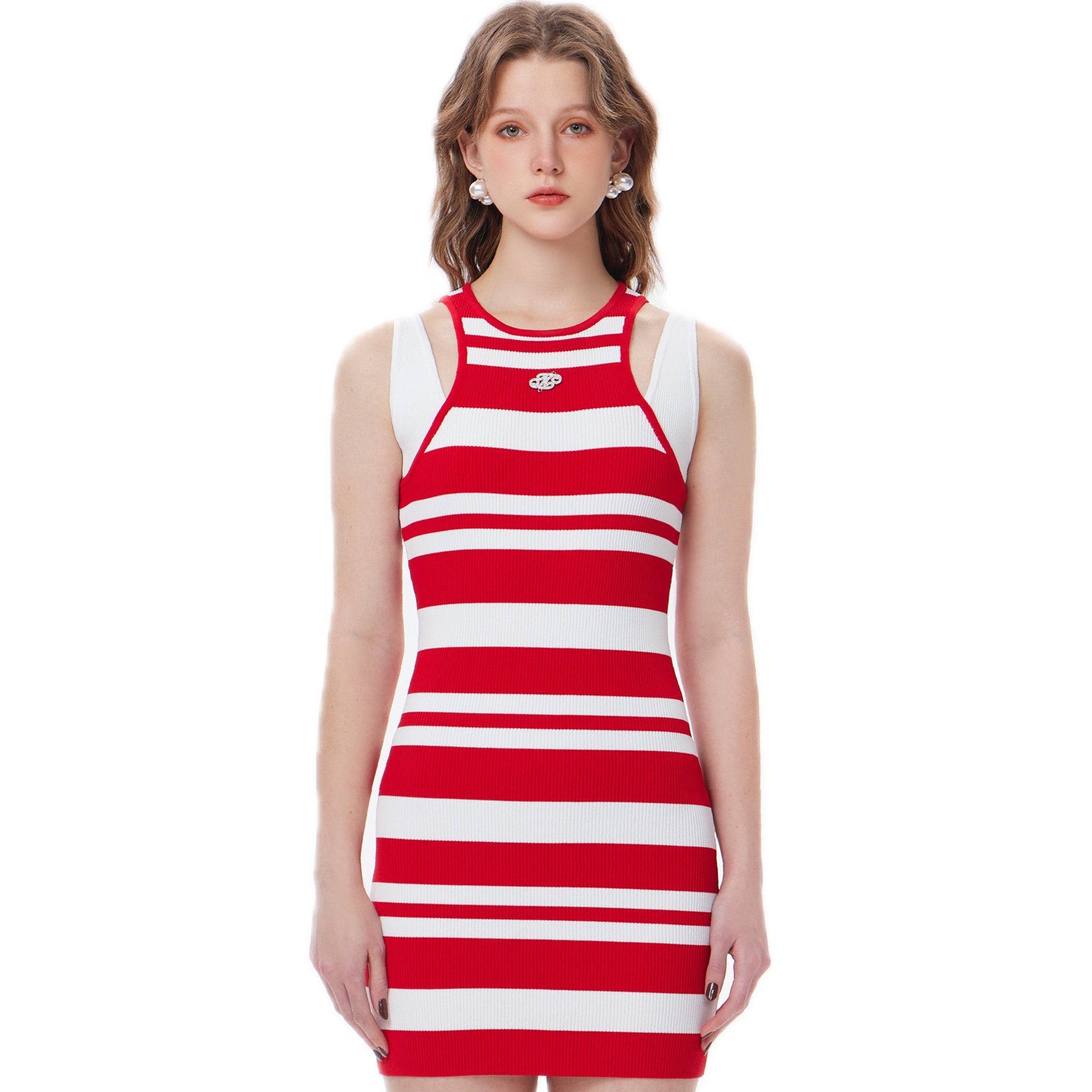 THREE QUARTERS Red and White Patchwork Sleeveless Striped Knit Dress | MADA IN CHINA