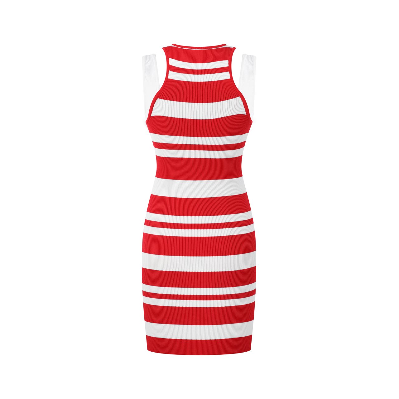 THREE QUARTERS Red and White Patchwork Sleeveless Striped Knit Dress | MADA IN CHINA