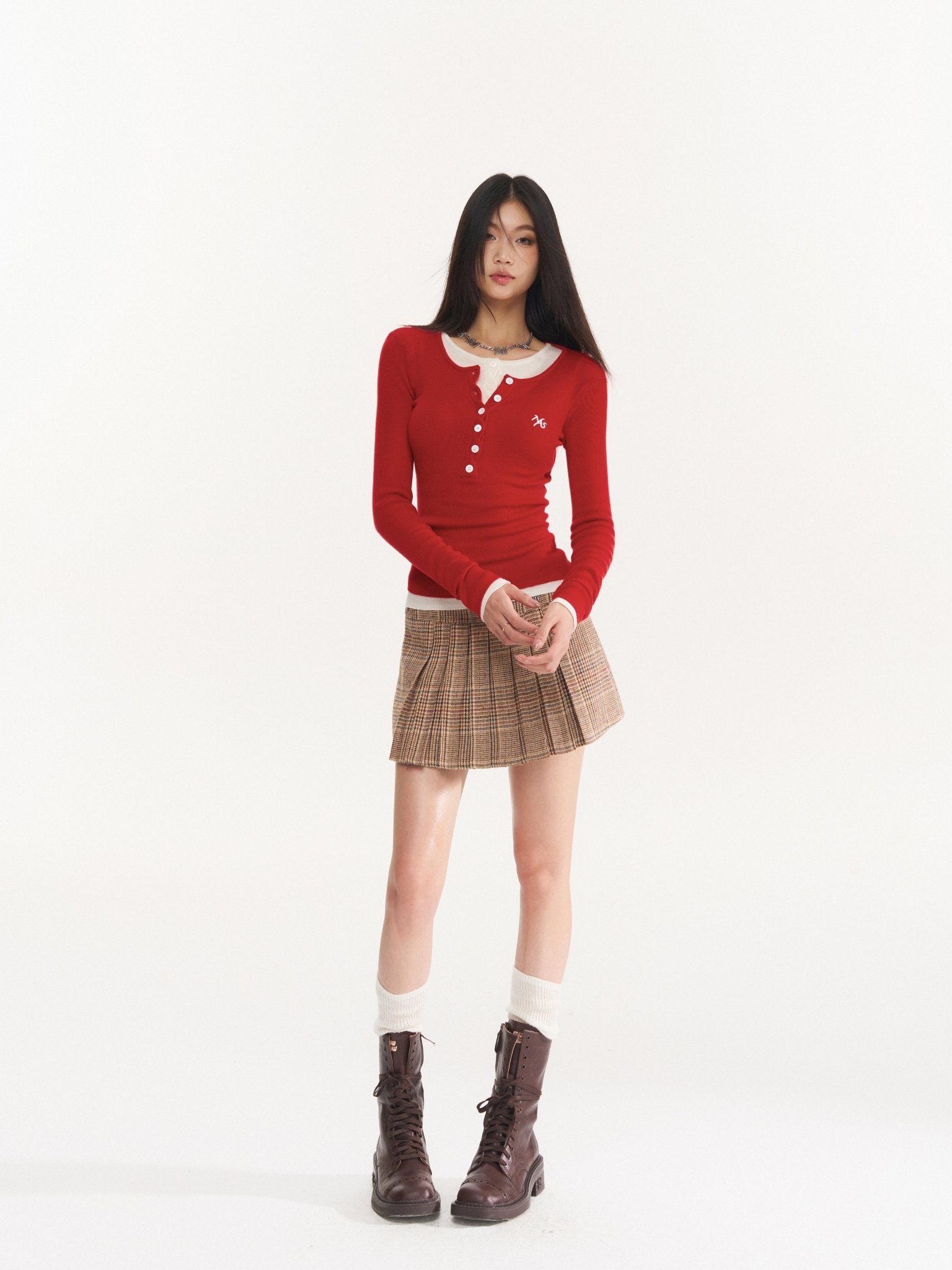 Twisted Henley Collar Knitwear Top in Red | MADAX