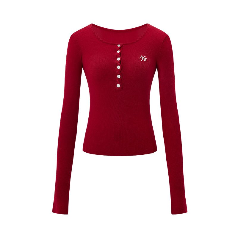 NAWS Red Twisted Henley Collar Knitwear Top | MADAX