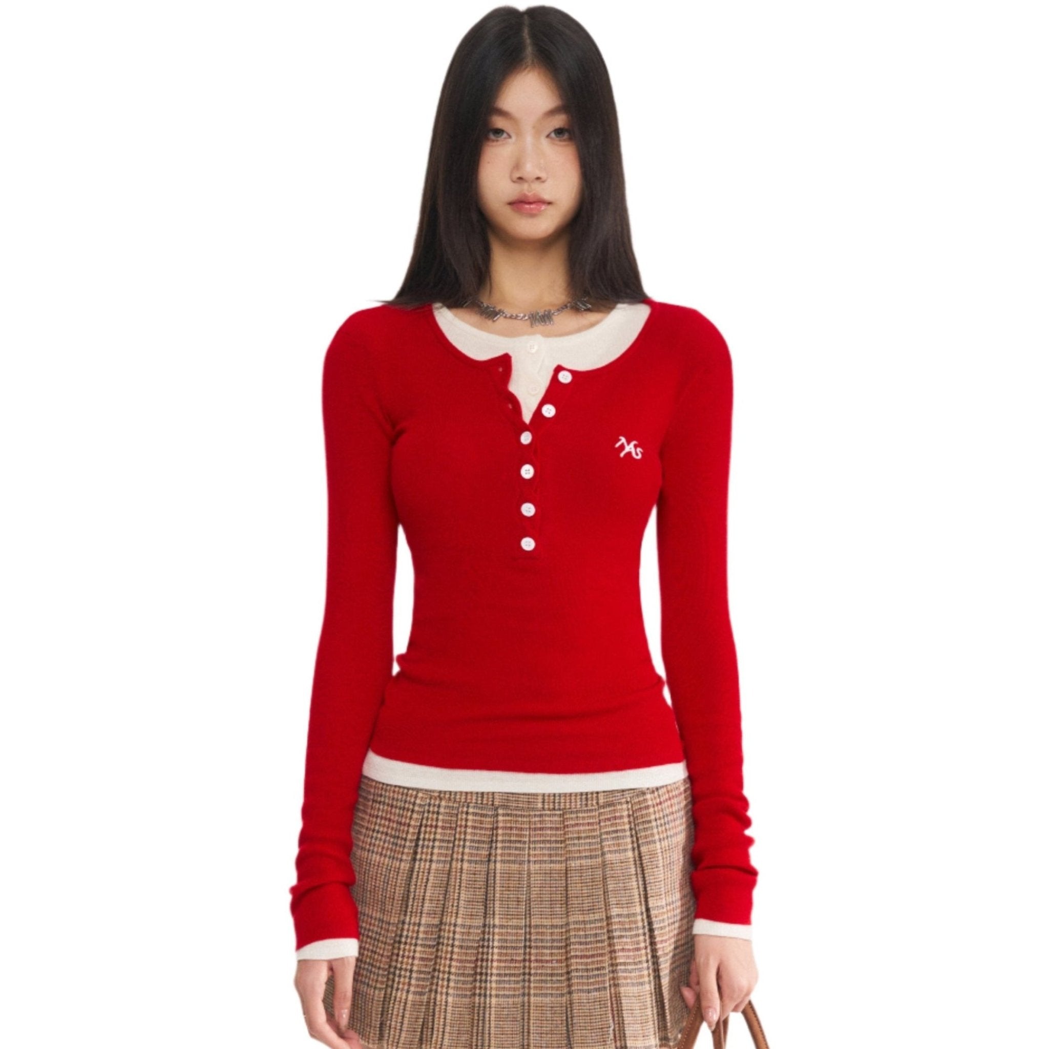 NAWS Red Twisted Henley Collar Knitwear Top | MADAX