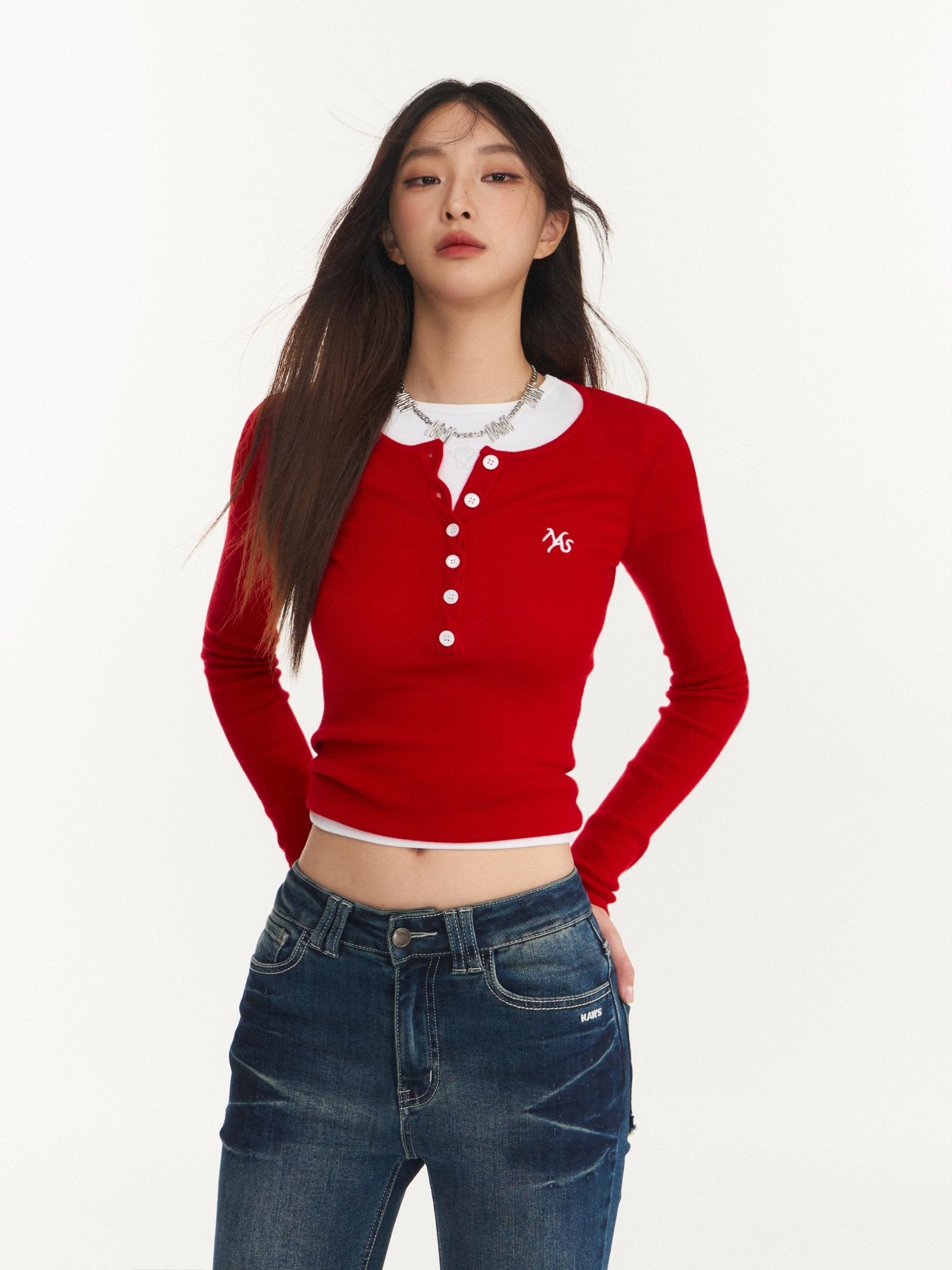 NAWS Red Twisted Henley Collar Knitwear Top | MADAX