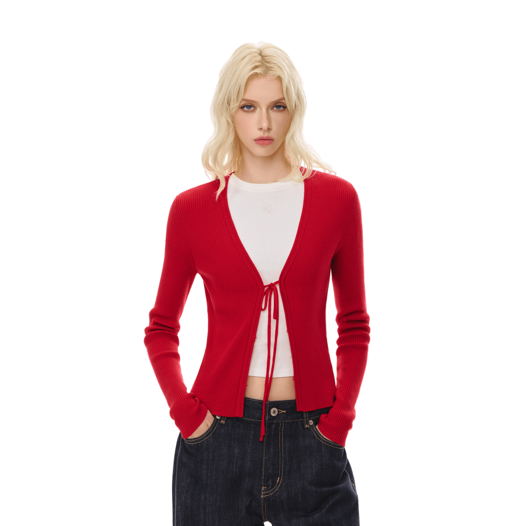 Climax Vision Red Wool Blend V - Neck Lace - Up Knit Cardigan  | MADAX