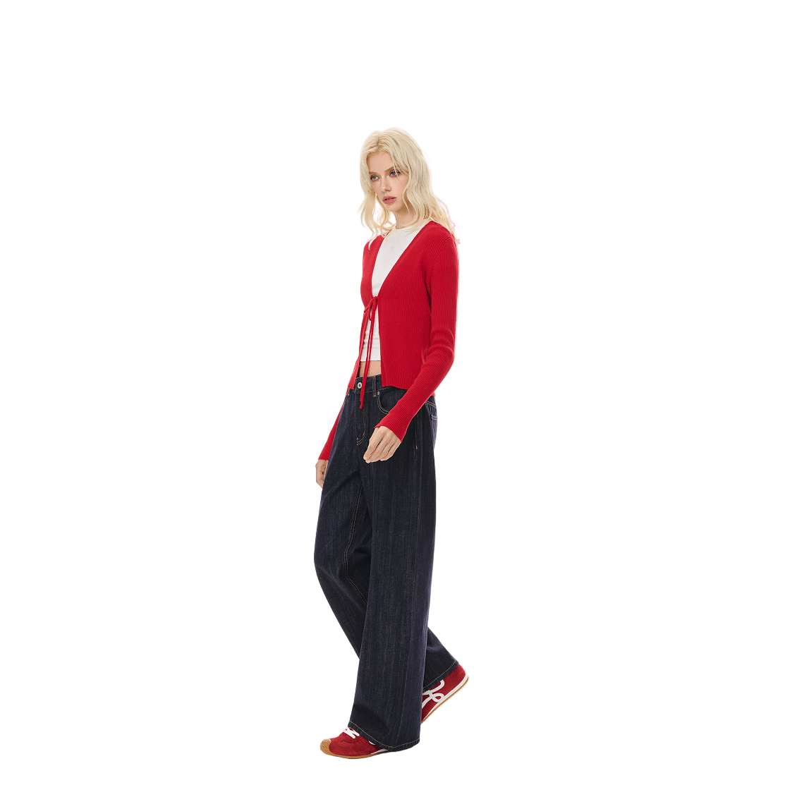 Climax Vision Red Wool Blend V - Neck Lace - Up Knit Cardigan  | MADAX
