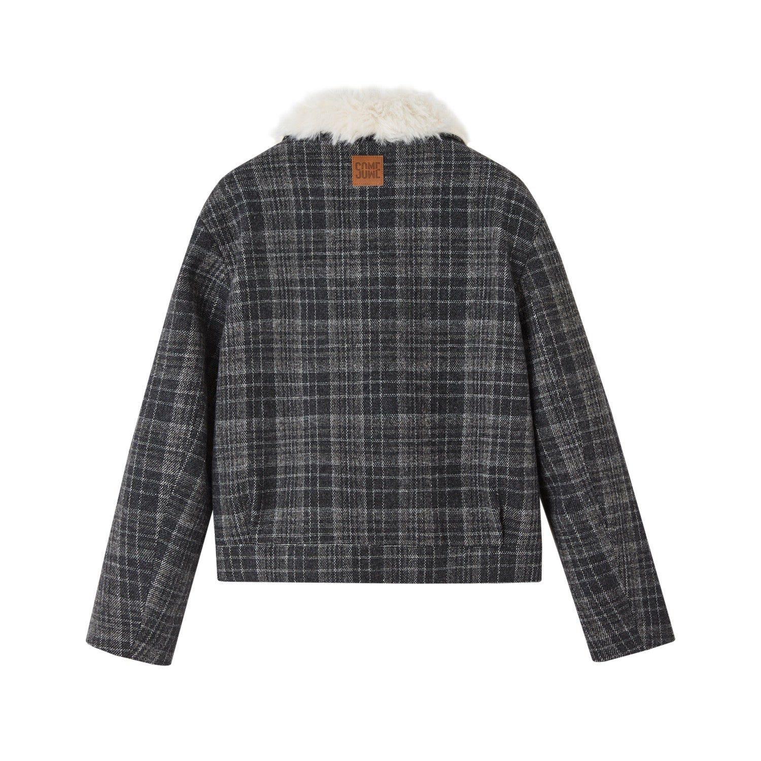 SOMESOWE Retro Plaid Cotton - padded Jacket with Fur Collar in Gray | MADAX