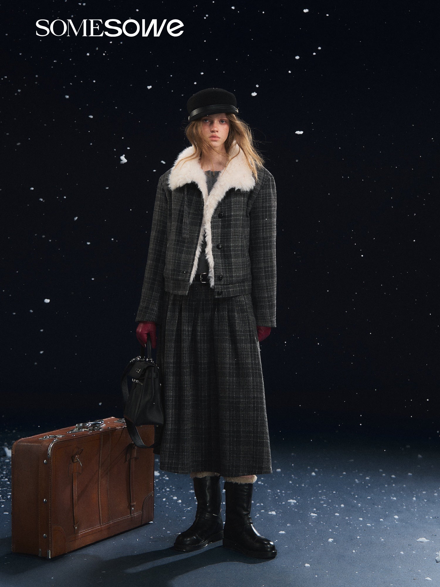 SOMESOWE Retro Plaid Cotton - padded Jacket with Fur Collar in Gray | MADAX