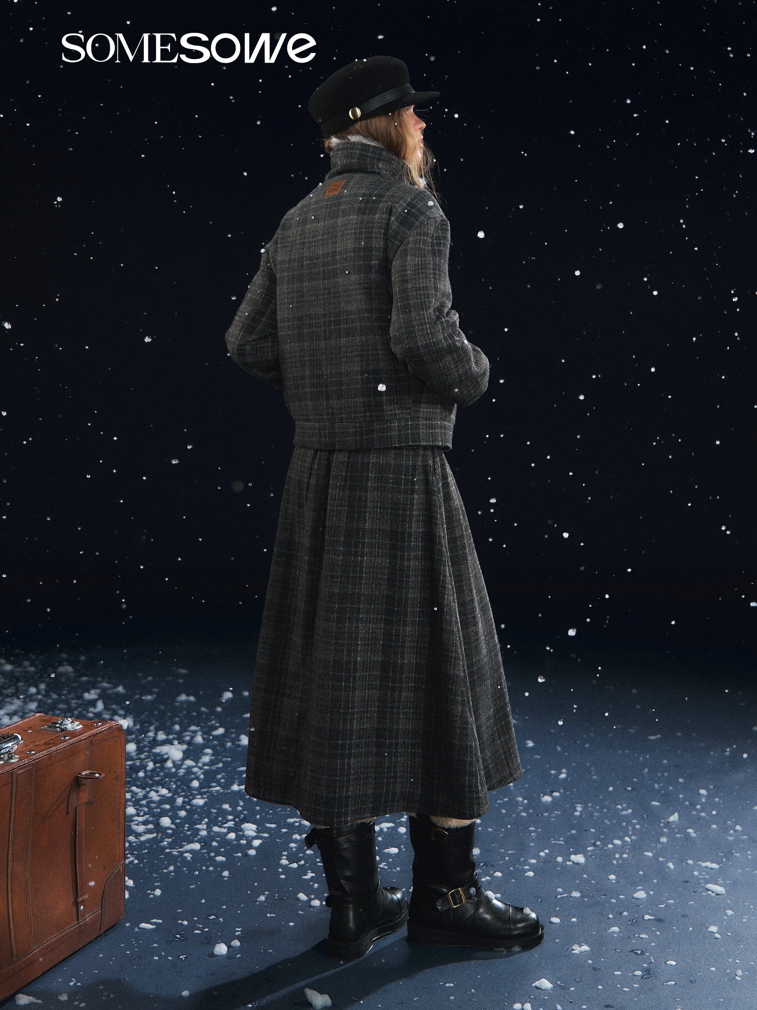 SOMESOWE Retro Plaid Cotton - padded Jacket with Fur Collar in Gray | MADAX