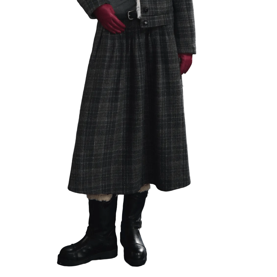 SOMESOWE Retro Plaid Pleated Midi Skirt In Gray | MADAX