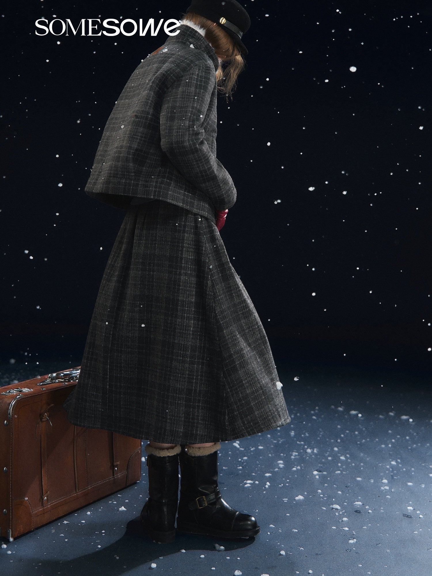 SOMESOWE Retro Plaid Pleated Midi Skirt In Gray | MADAX