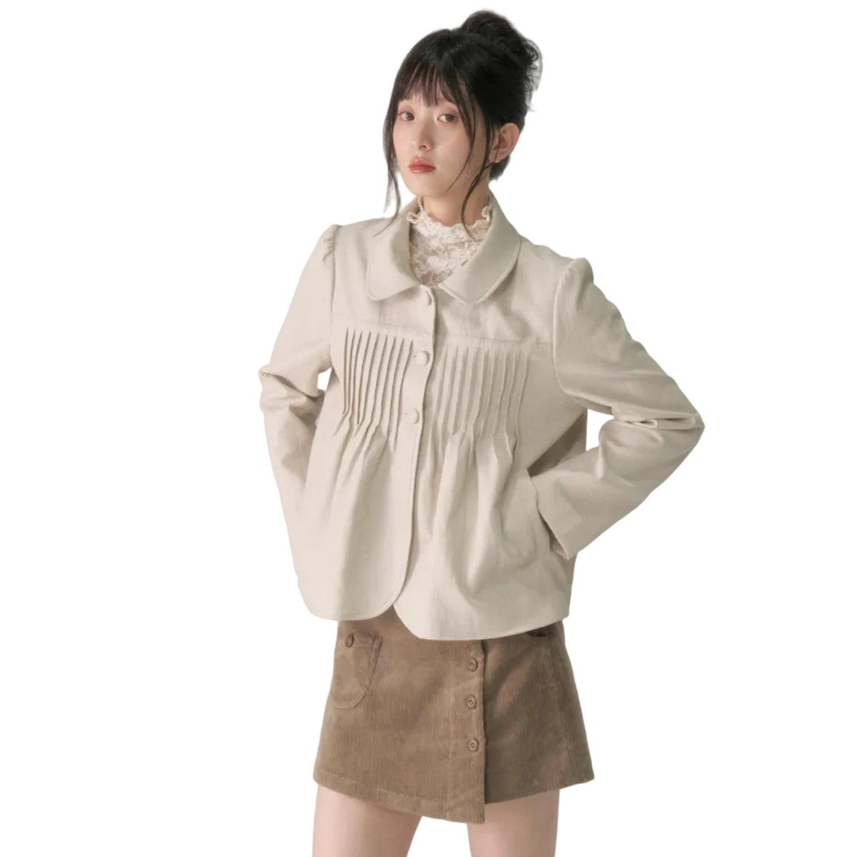 CHAOSCHAOS Retro Pleated Leather Jacket in Light Gray-apricot | MADAX