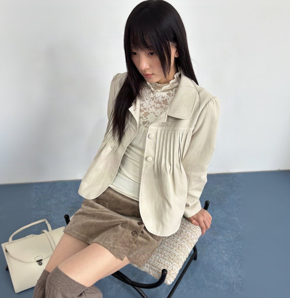 CHAOSCHAOS Retro Pleated Leather Jacket in Light Gray-apricot | MADAX