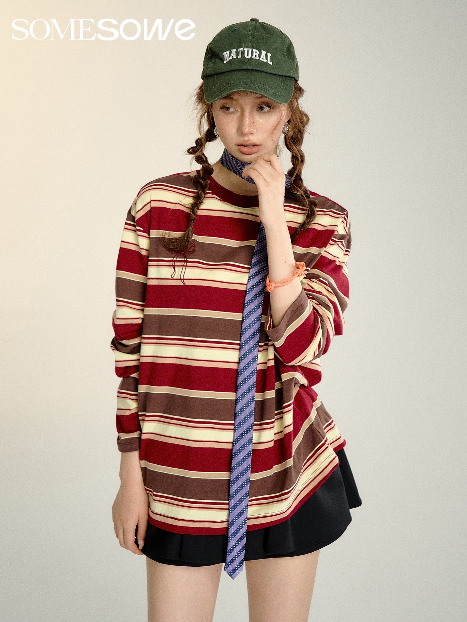 SOMESOWE Retro Striped Long - sleeved T - shirt in Red | MADA IN CHINA