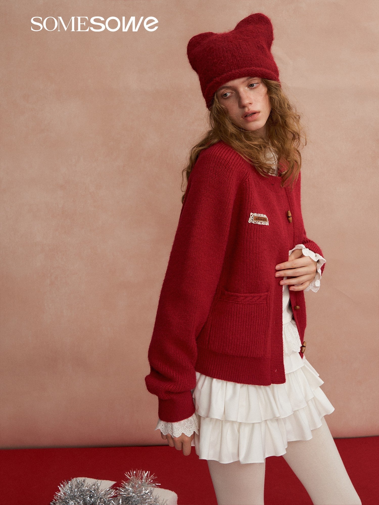 SOMESOWE Retro Toggle Button Crew Neck Cardigan In Red | MADAX