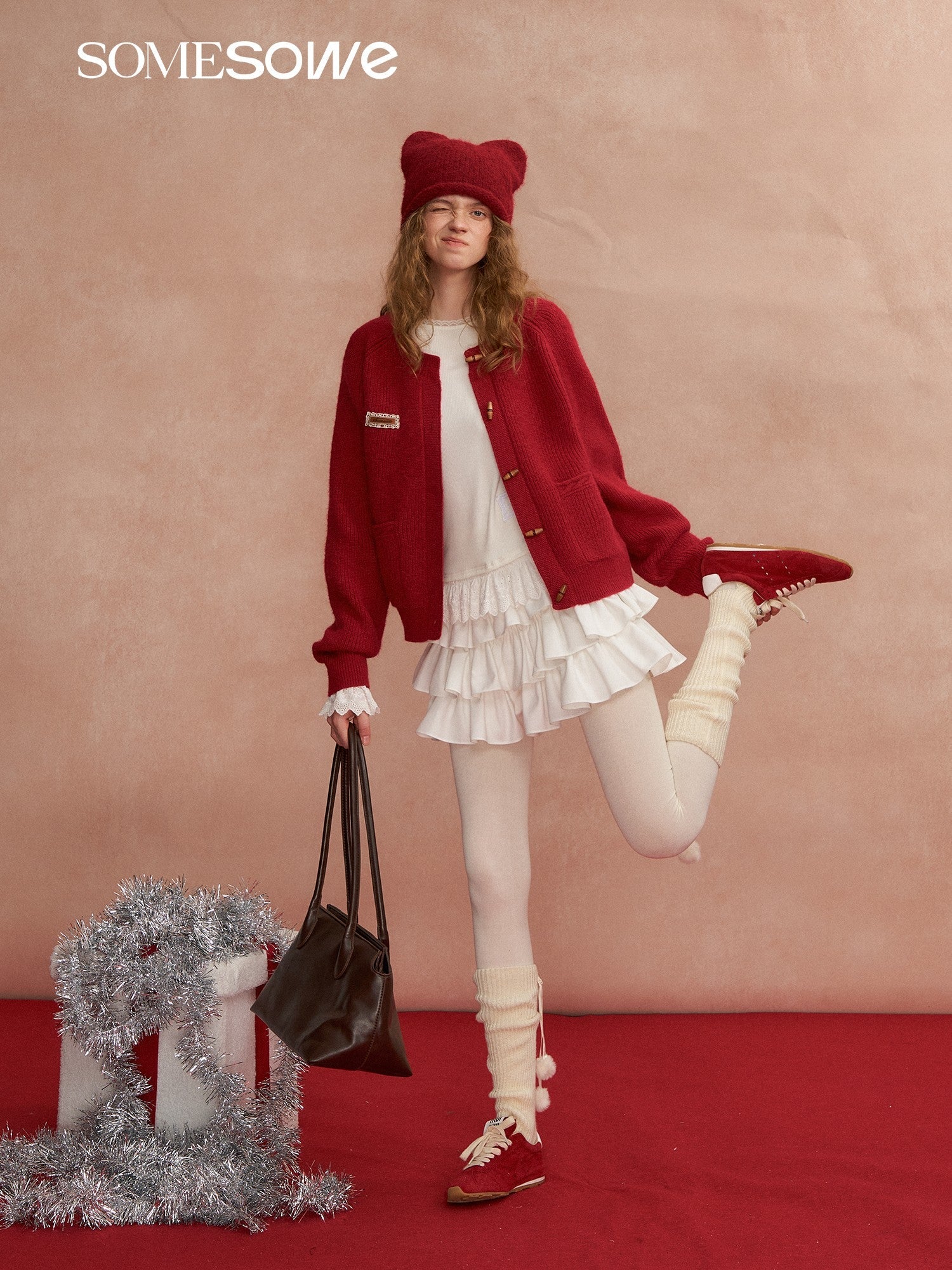 SOMESOWE Retro Toggle Button Crew Neck Cardigan In Red | MADAX