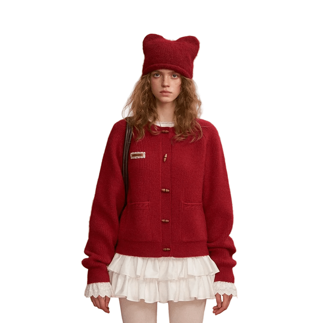 SOMESOWE Retro Toggle Button Crew Neck Cardigan In Red | MADAX