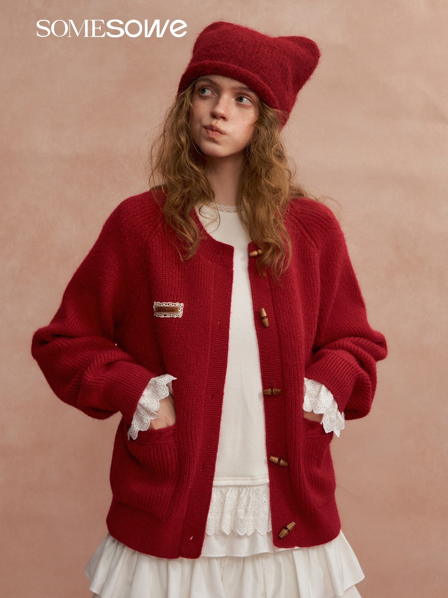 SOMESOWE Retro Toggle Button Crew Neck Cardigan In Red | MADAX