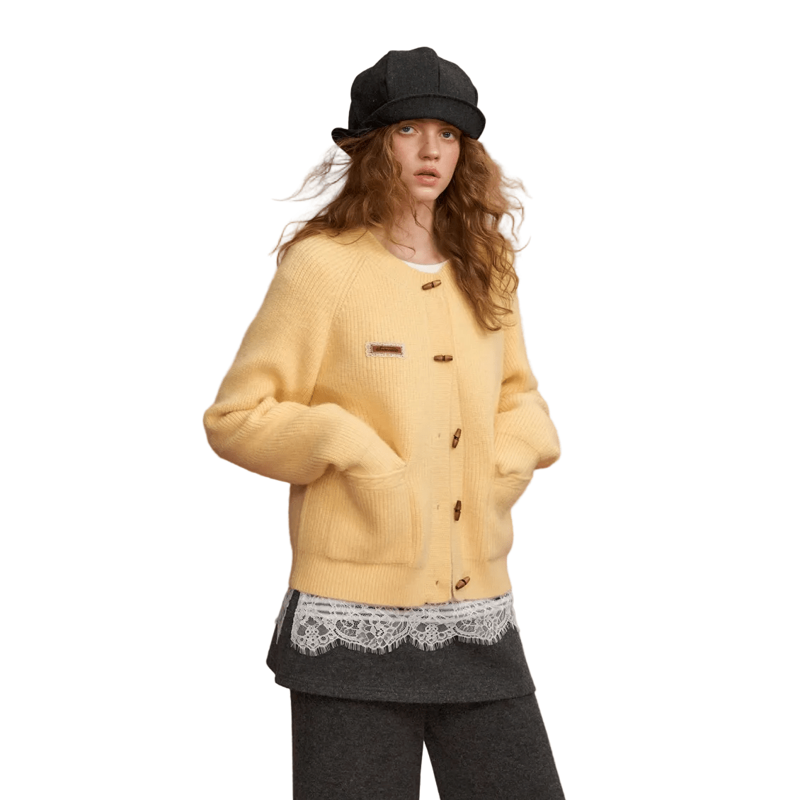 SOMESOWE Retro Toggle Button Crew Neck Cardigan In Yellow | MADAX