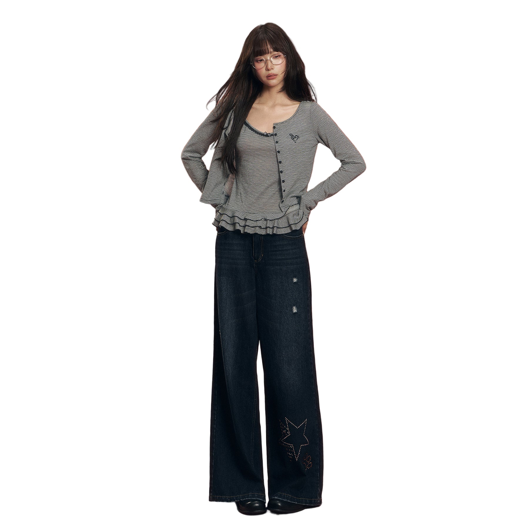 CHAOSCHAOS Rhinestone Retro Washed Ripped Denim Trousers In Denim Blue | MADAX