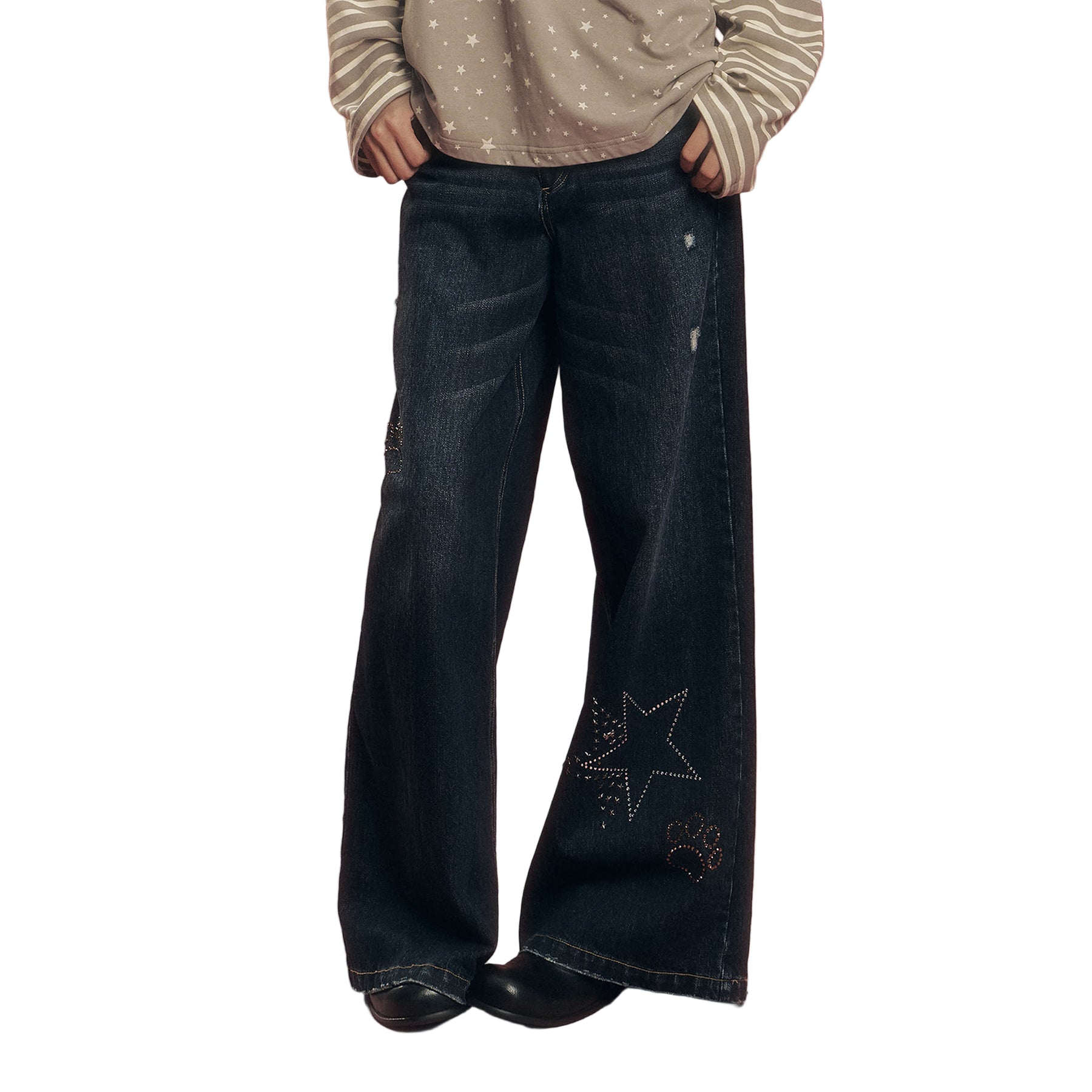 CHAOSCHAOS Rhinestone Retro Washed Ripped Denim Trousers In Denim Blue | MADAX