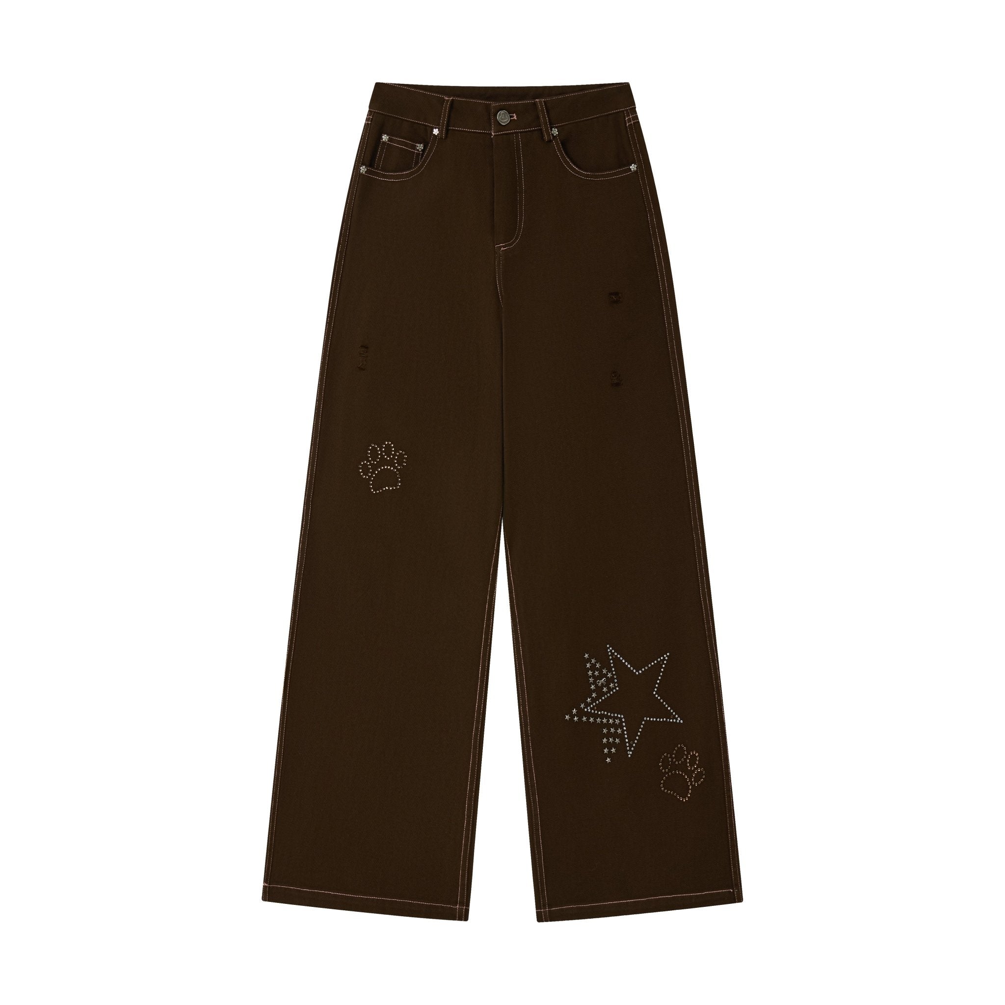 CHAOSCHAOS Rhinestone Retro Washed Ripped Trousers In Dark Brown | MADAX