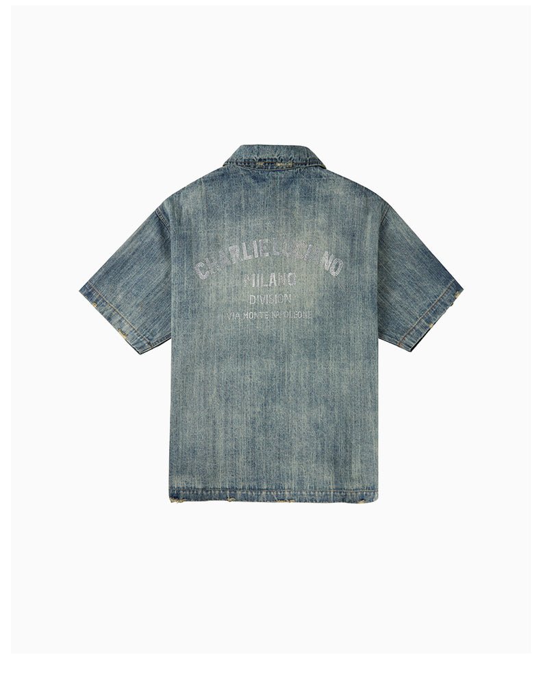 CHARLIE LUCIANO Rhinestone Washed Distressed Denim Short - Sleeved Shirt | MADA IN CHINA