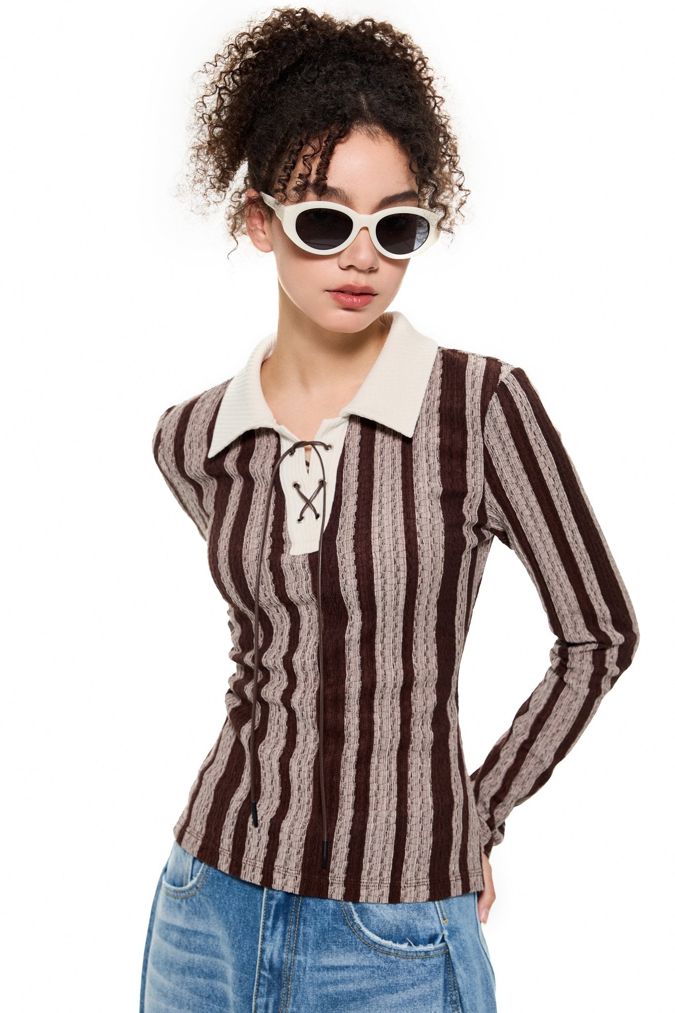 Alexia Sandra Rib - Knit Stripe Shirt in Brown | MADA IN CHINA