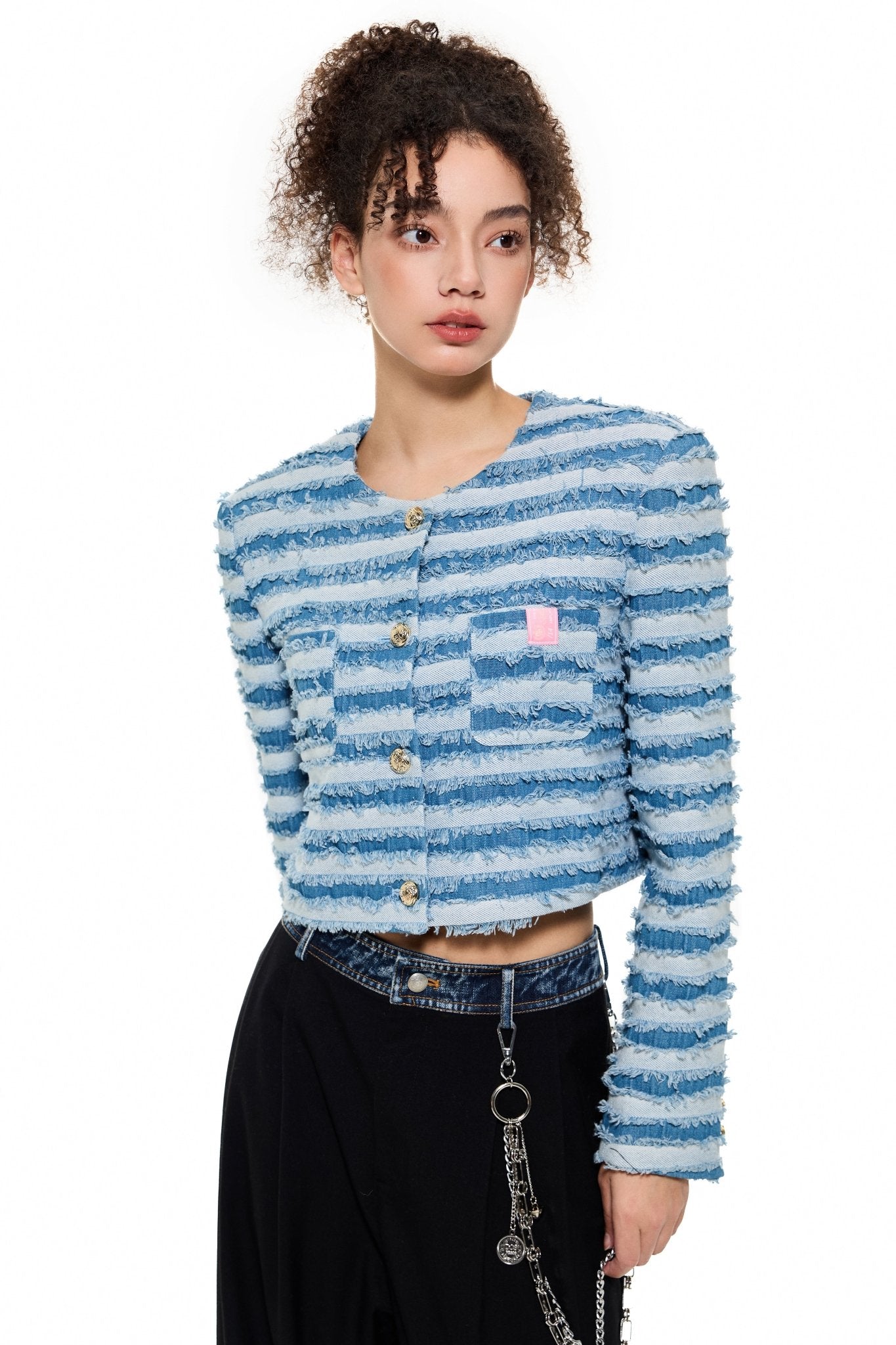 ALEXIA SANDRA Ripped Stripe Denim Jacket Blue | MADA IN CHINA