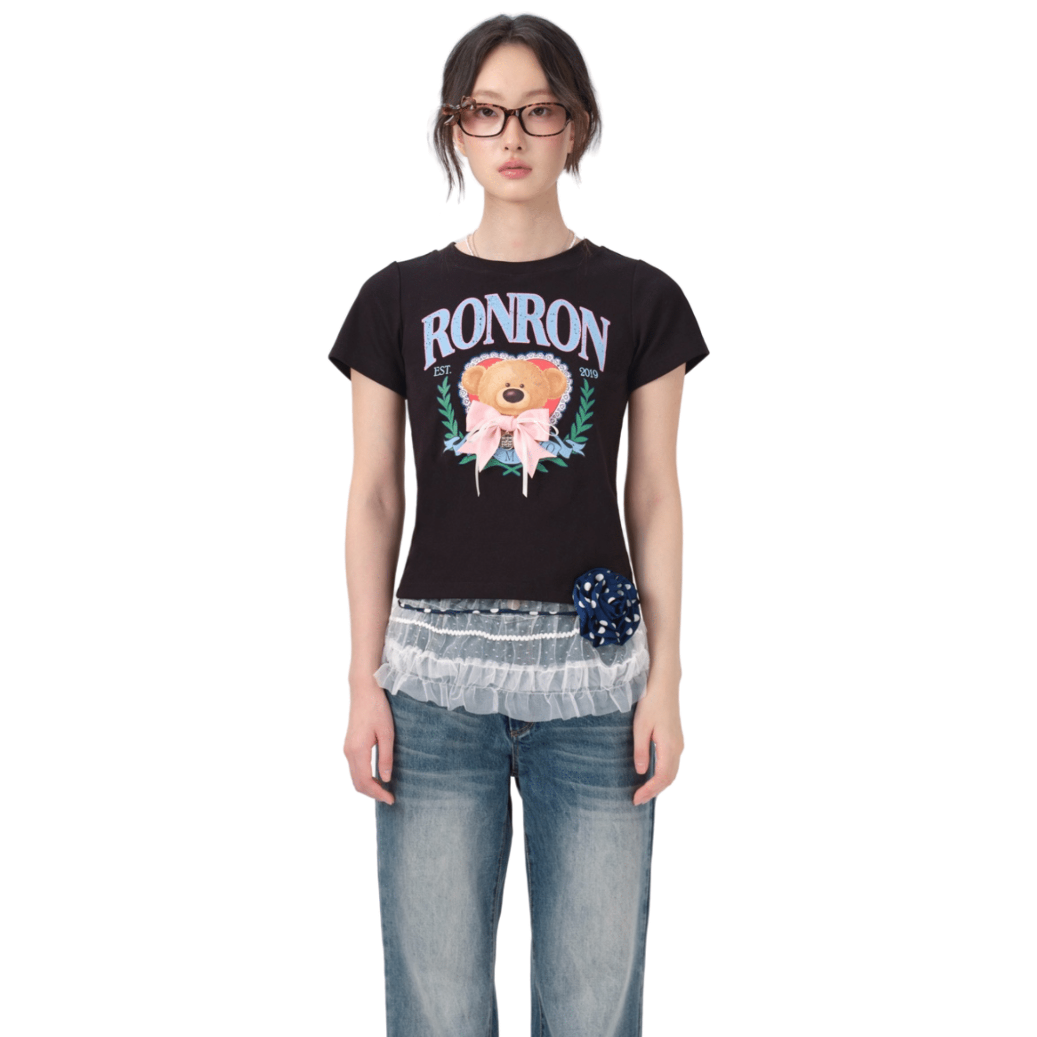 13DE MARZO RONRON Bow Cropped T-shirt in Black | MADAX