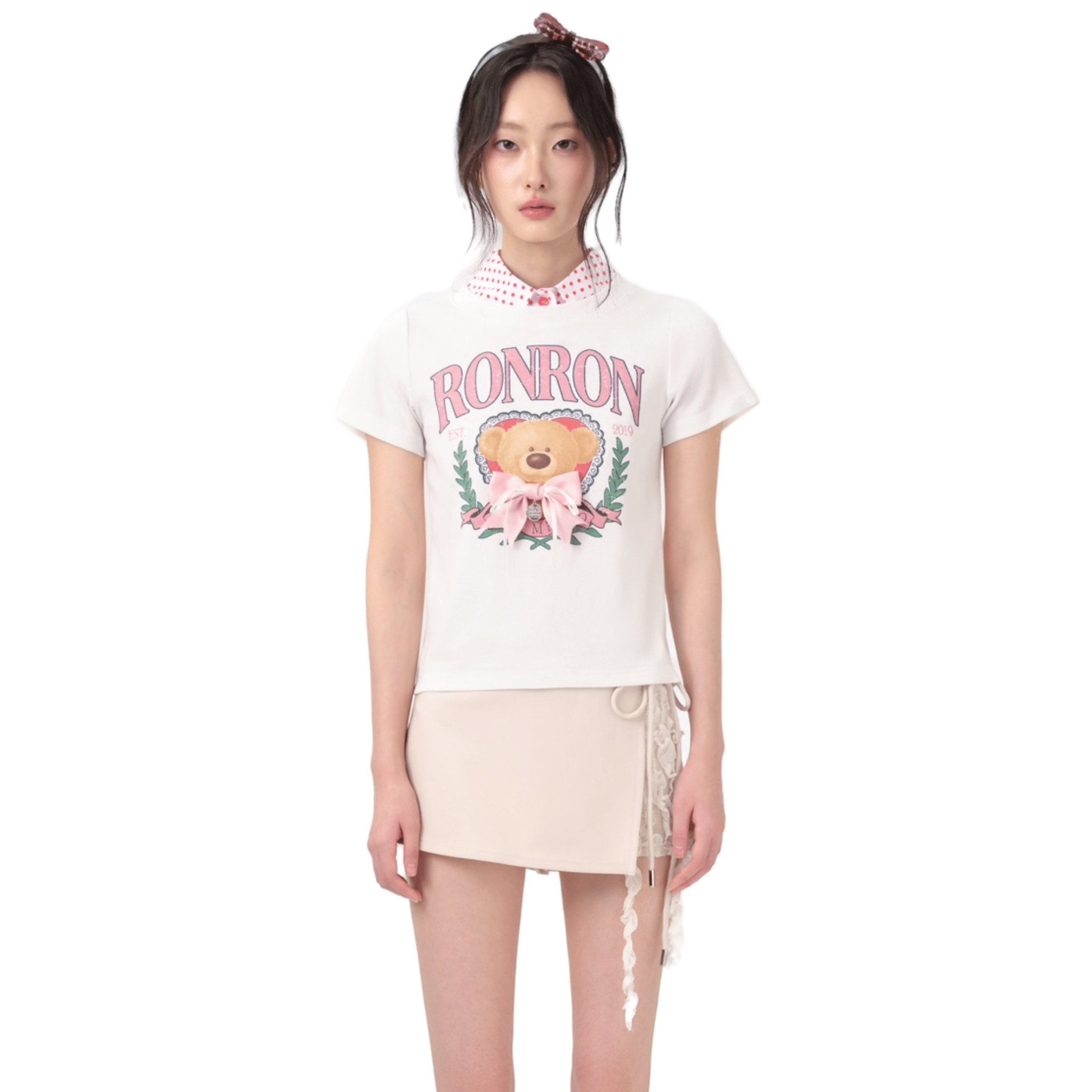 13DE MARZO RONRON Bow Cropped T-shirt in White | MADAX