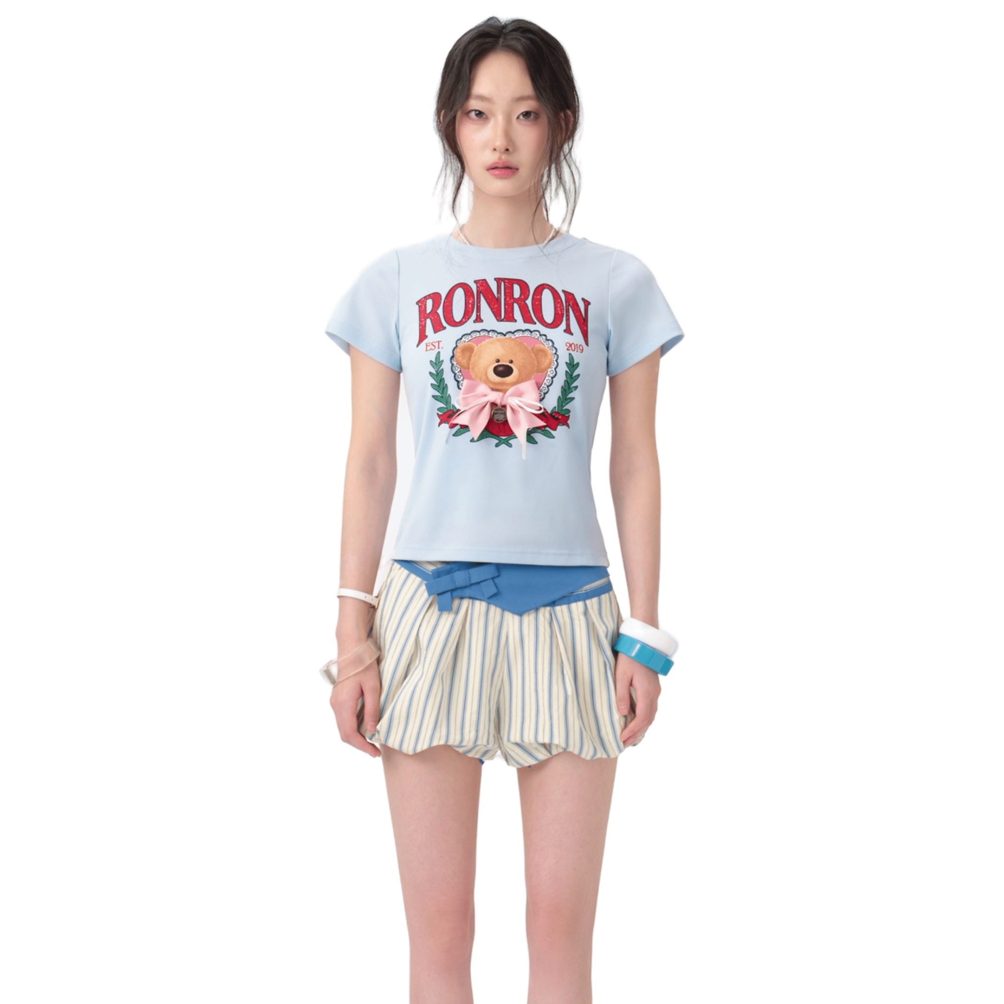 13DE MARZO RONRON Bow Cropped T-shirt Light in Blue | MADAX