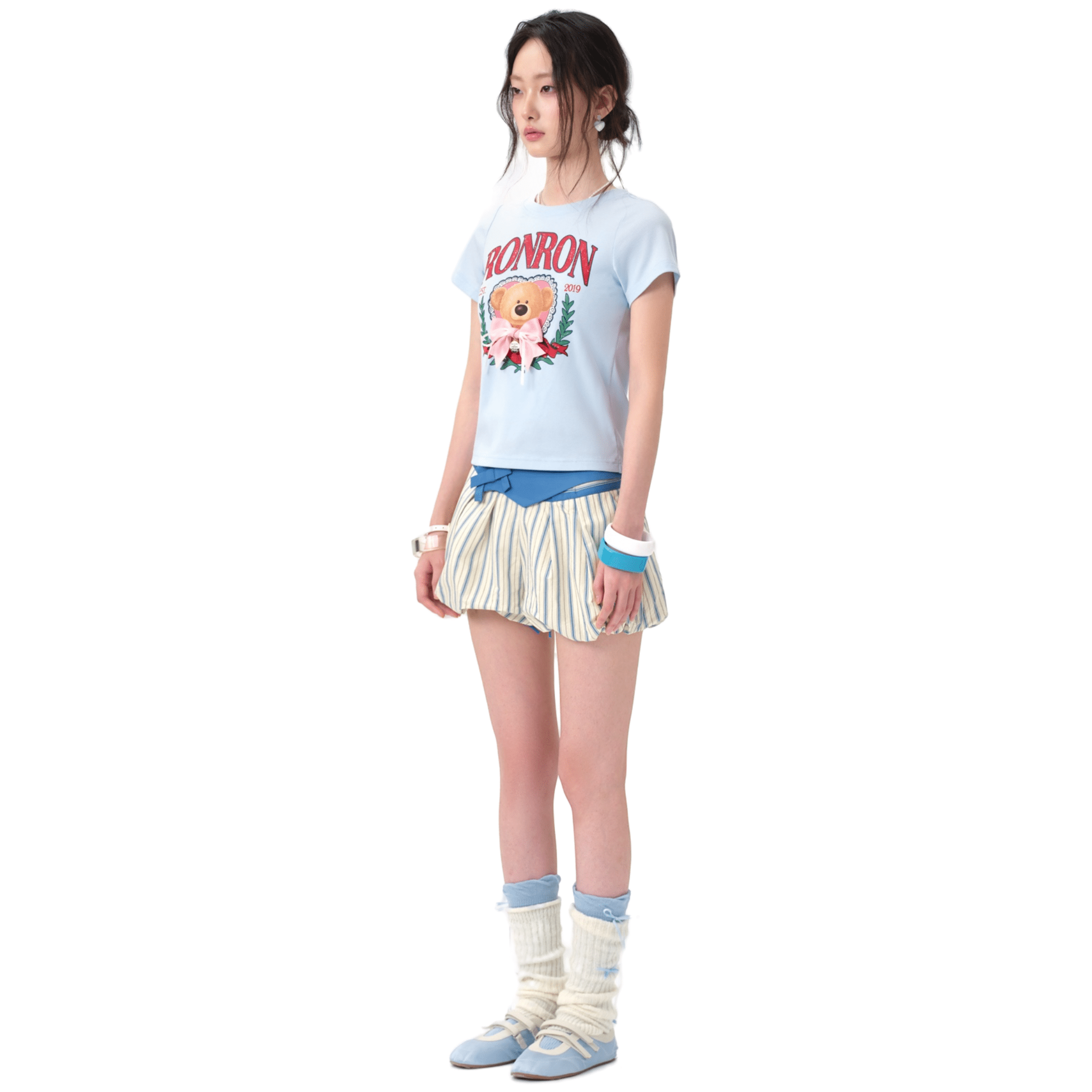 13DE MARZO RONRON Bow Cropped T-shirt Light in Blue | MADAX