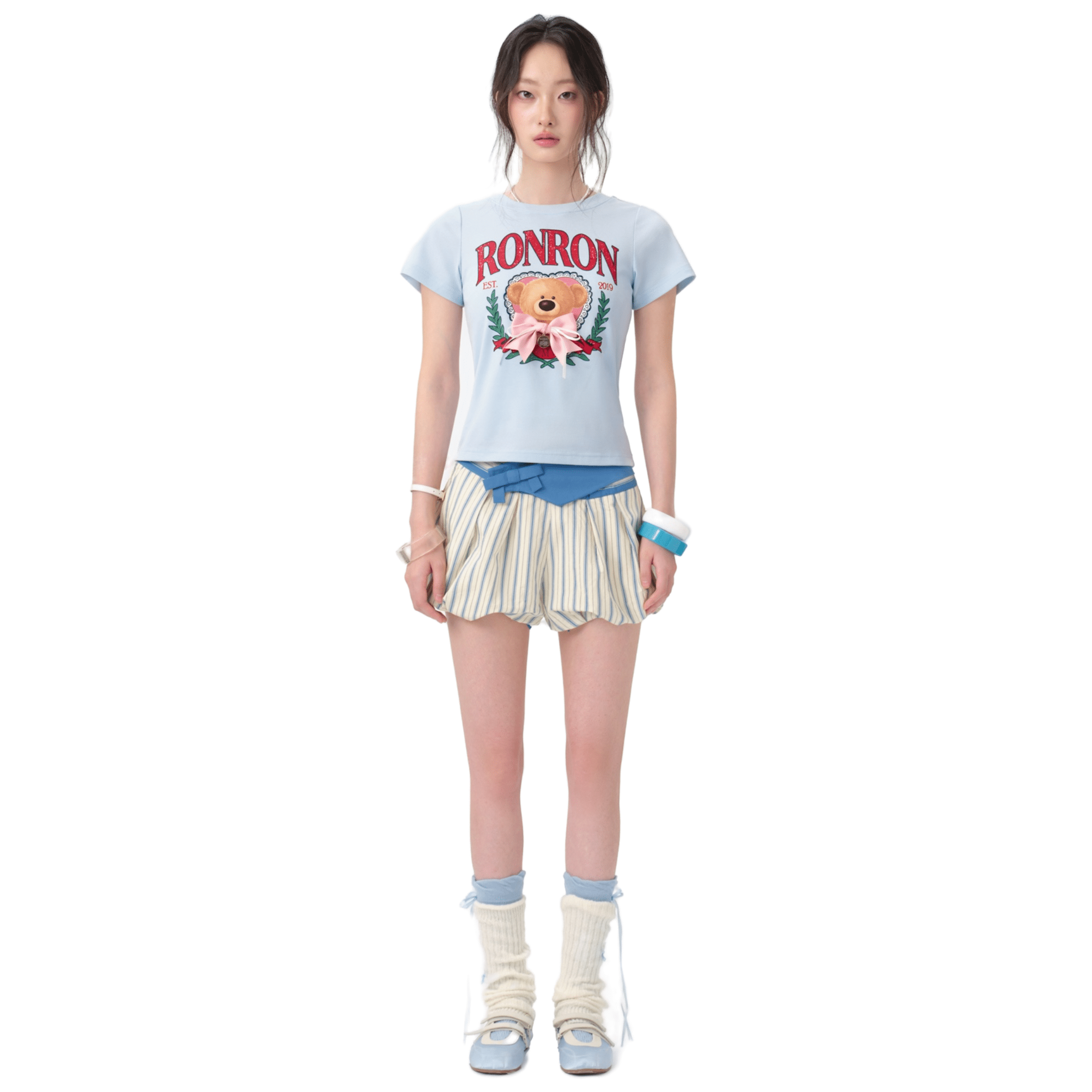13DE MARZO RONRON Bow Cropped T-shirt Light in Blue | MADAX