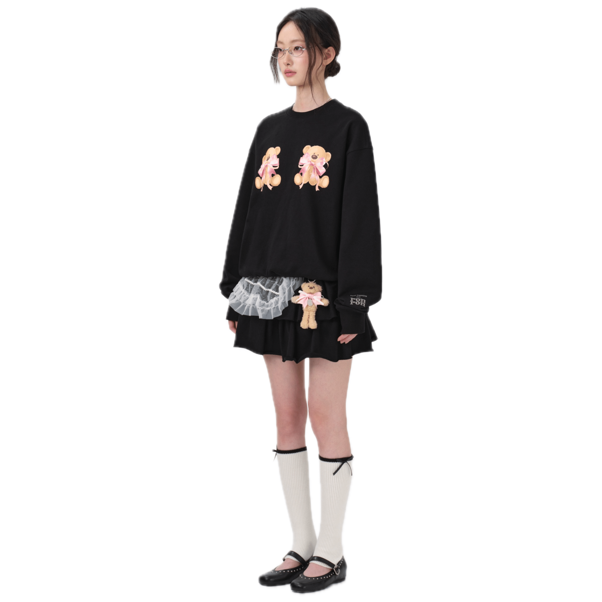 13DE MARZO RONRON Double Ribbon Bear Sweater in Black | MADAX