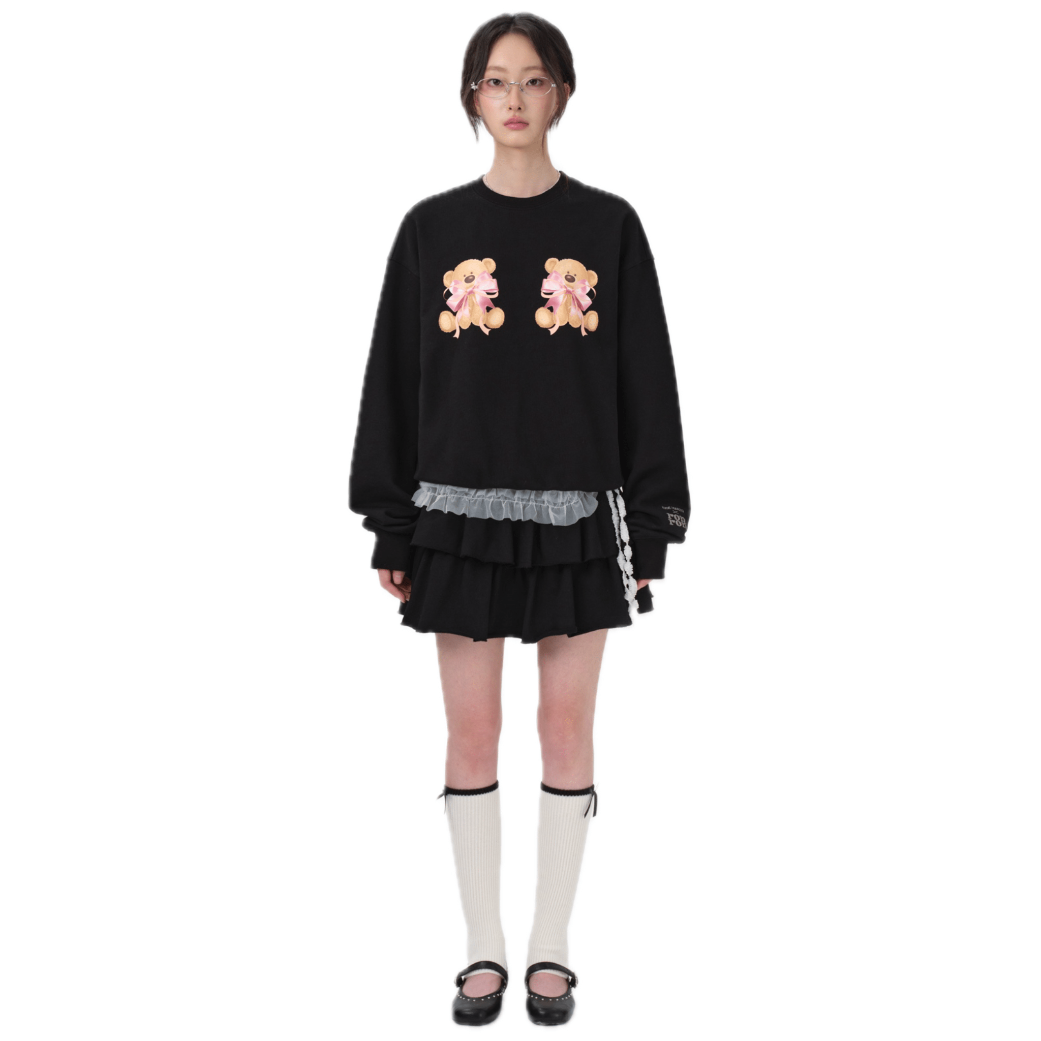 13DE MARZO RONRON Double Ribbon Bear Sweater in Black | MADAX