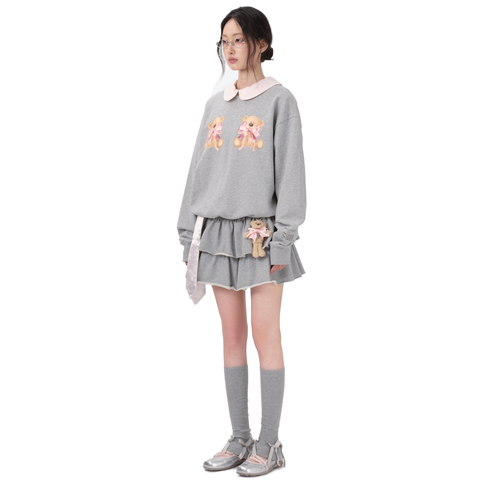 13DE MARZO RONRON Double Ribbon Bear Sweater in Gray | MADAX