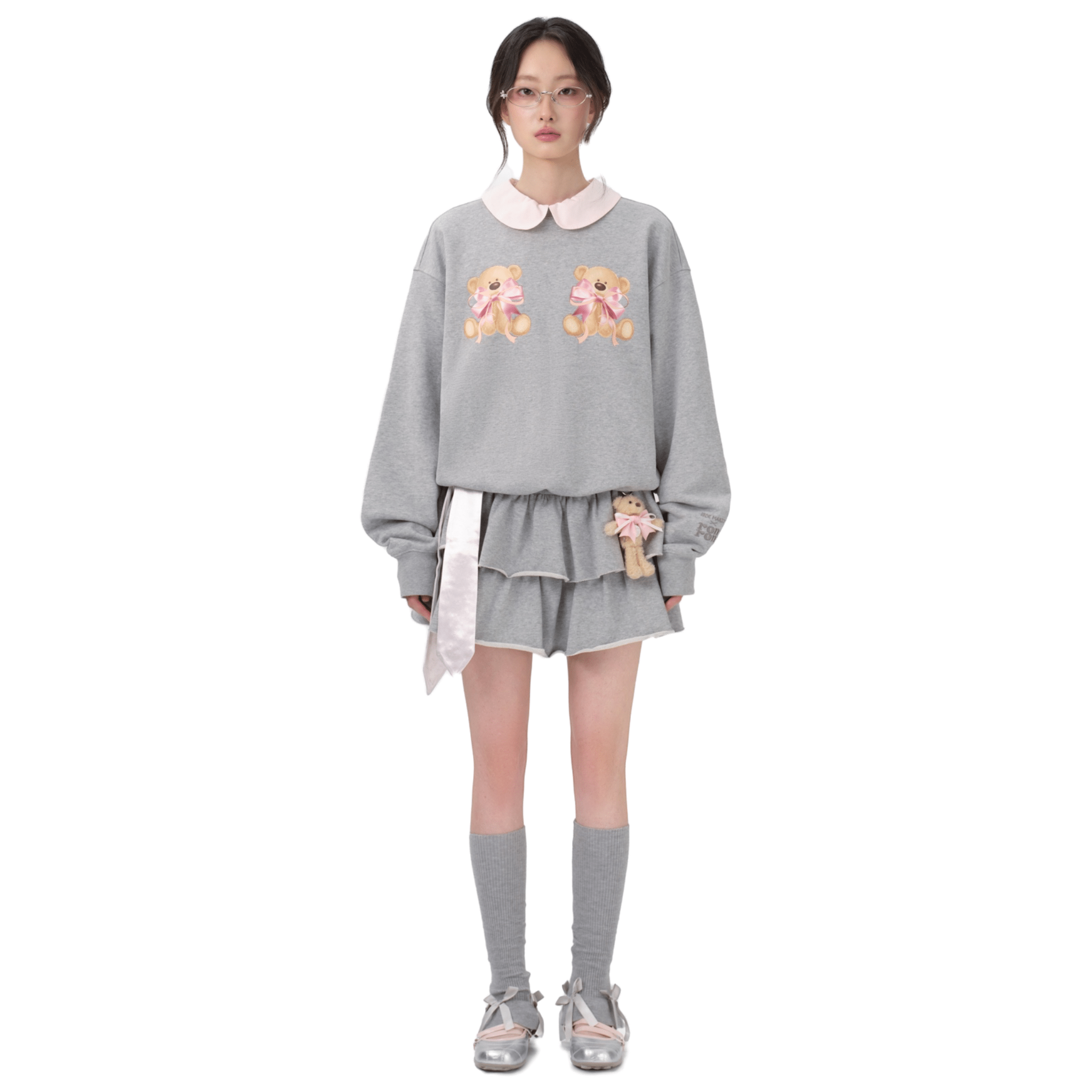 13DE MARZO RONRON Double Ribbon Bear Sweater in Gray | MADAX