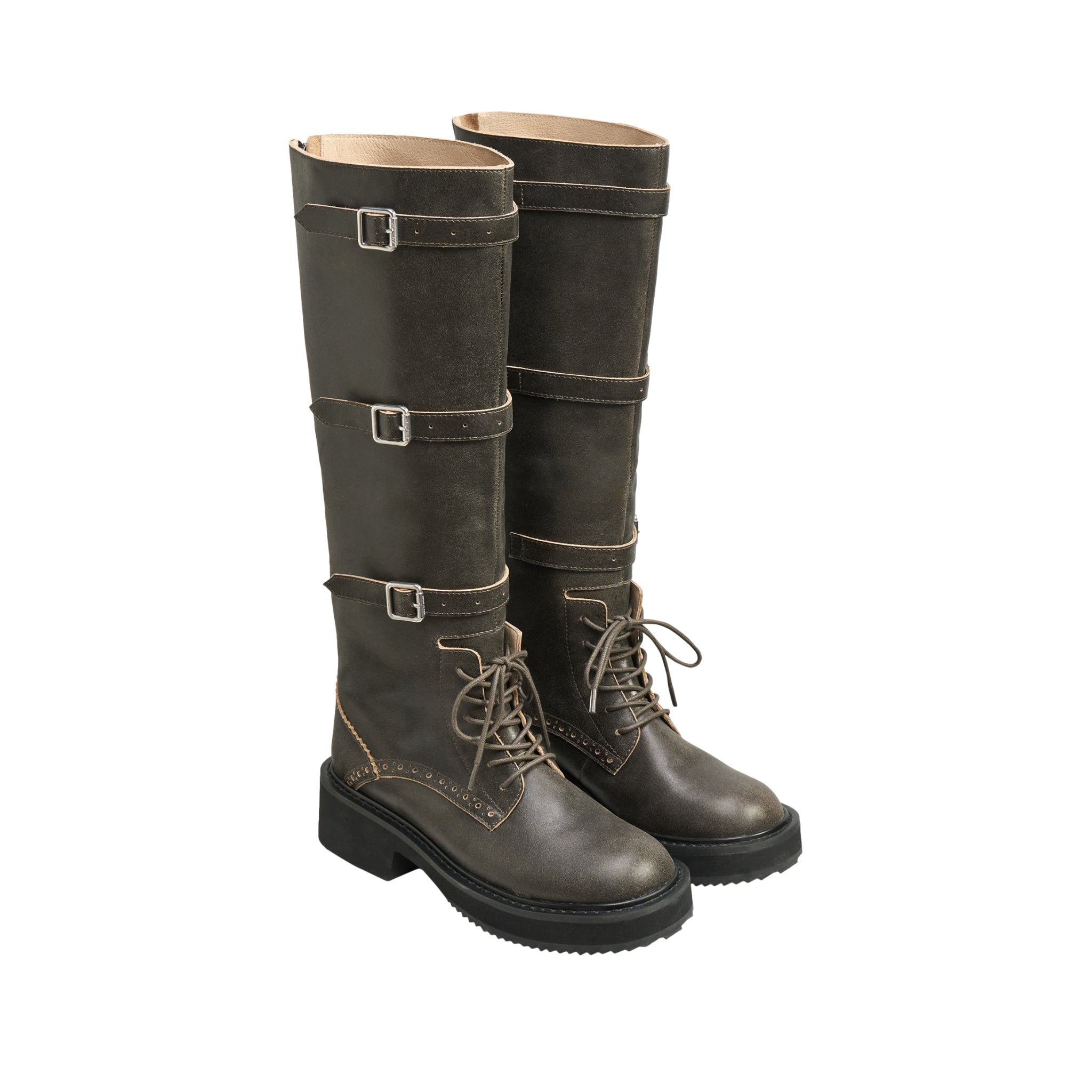 LOST IN ECHO Round Button - Strap High Knight Boots Made In Old Brown | MADAX