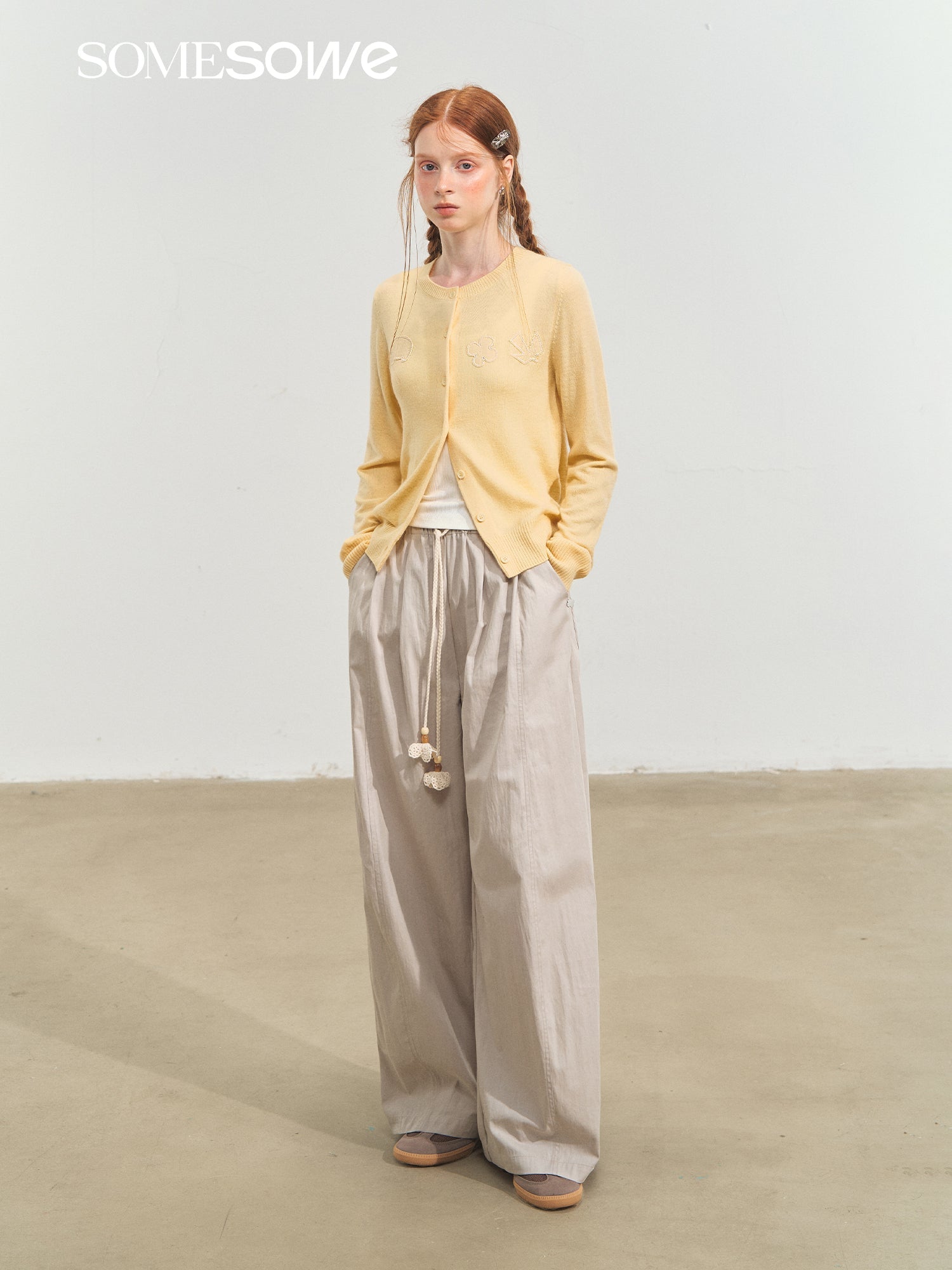 SOMESOWE Round Neck Childish Appliqué Embroidered Cardigan In Yellow | MADAX