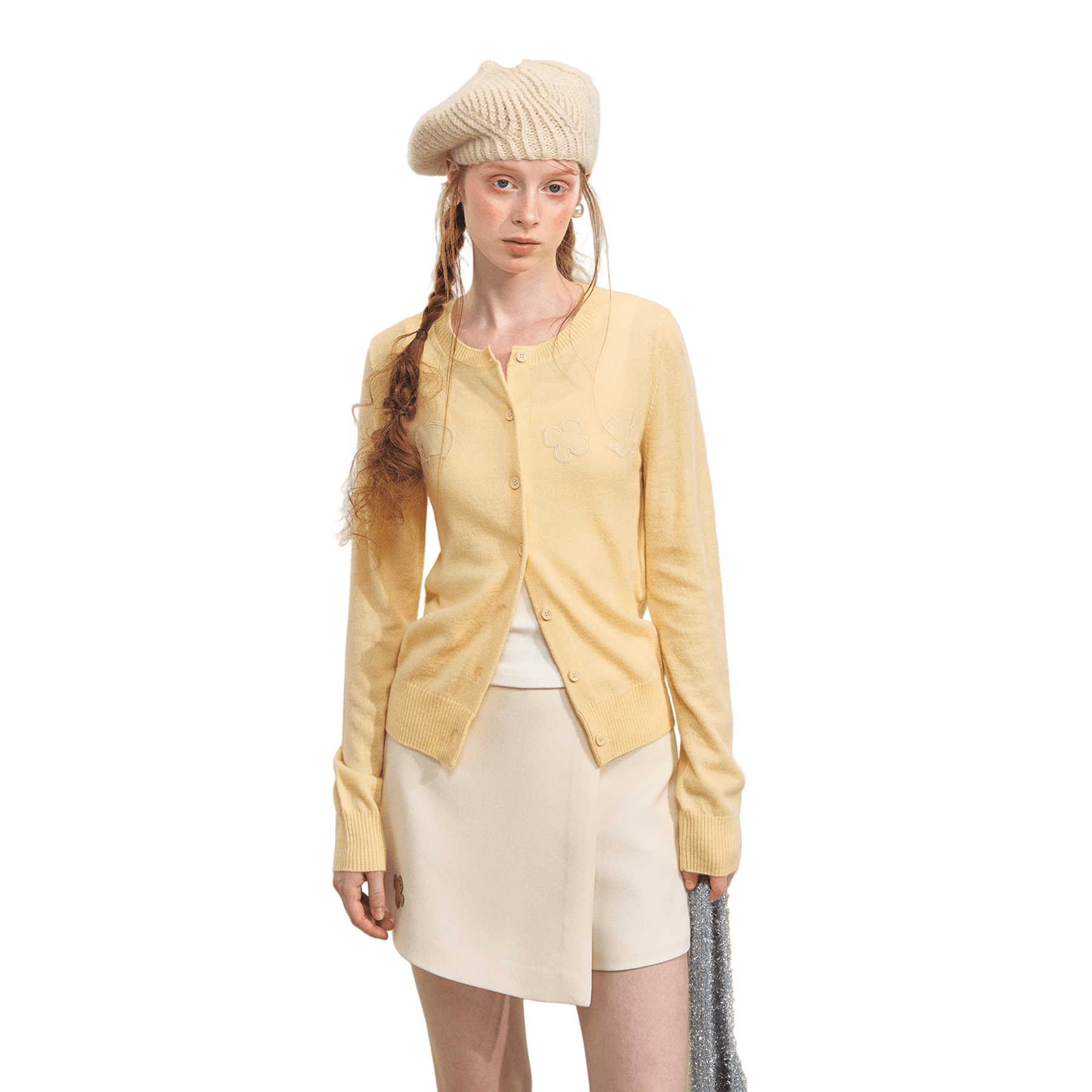 SOMESOWE Round Neck Childish Appliqué Embroidered Cardigan In Yellow | MADAX