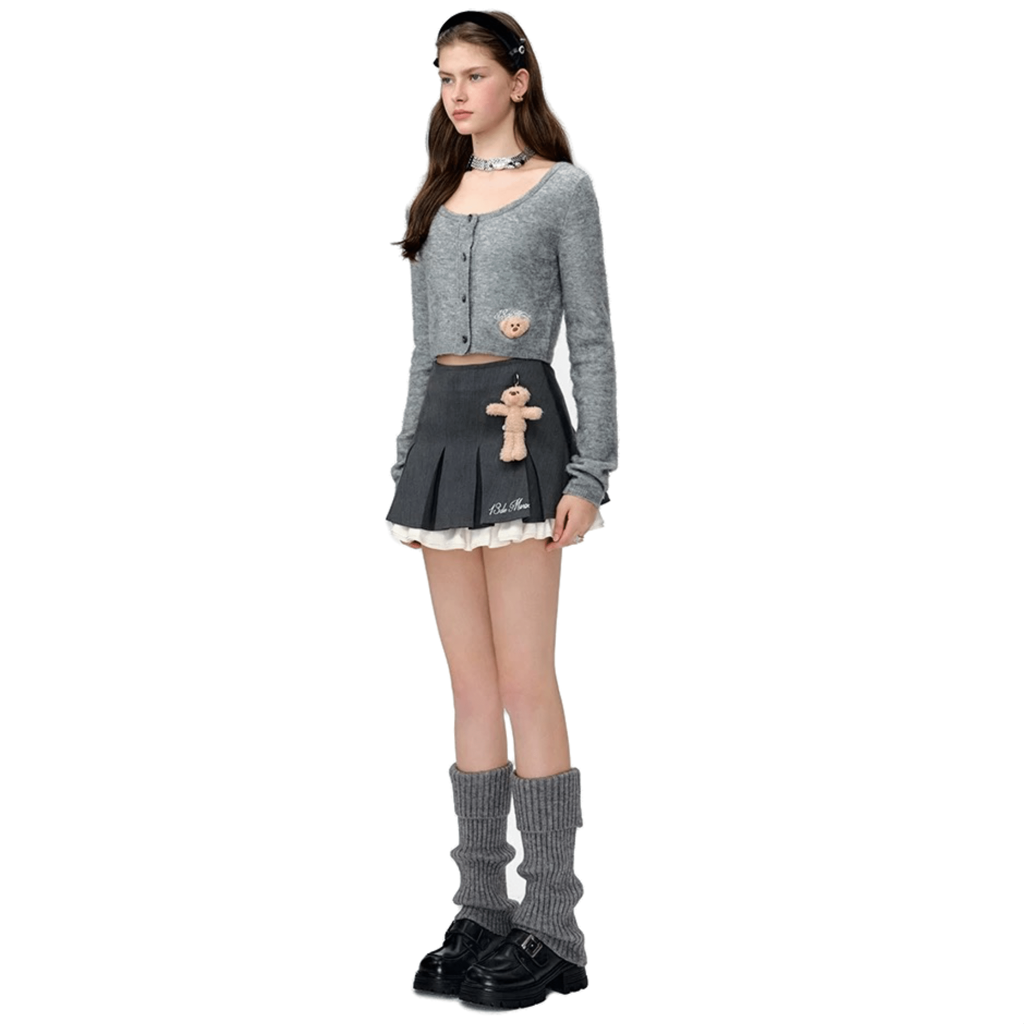 13DE MARZO Ruffled Patchwork Pleated Skirt in Grey | MADAX