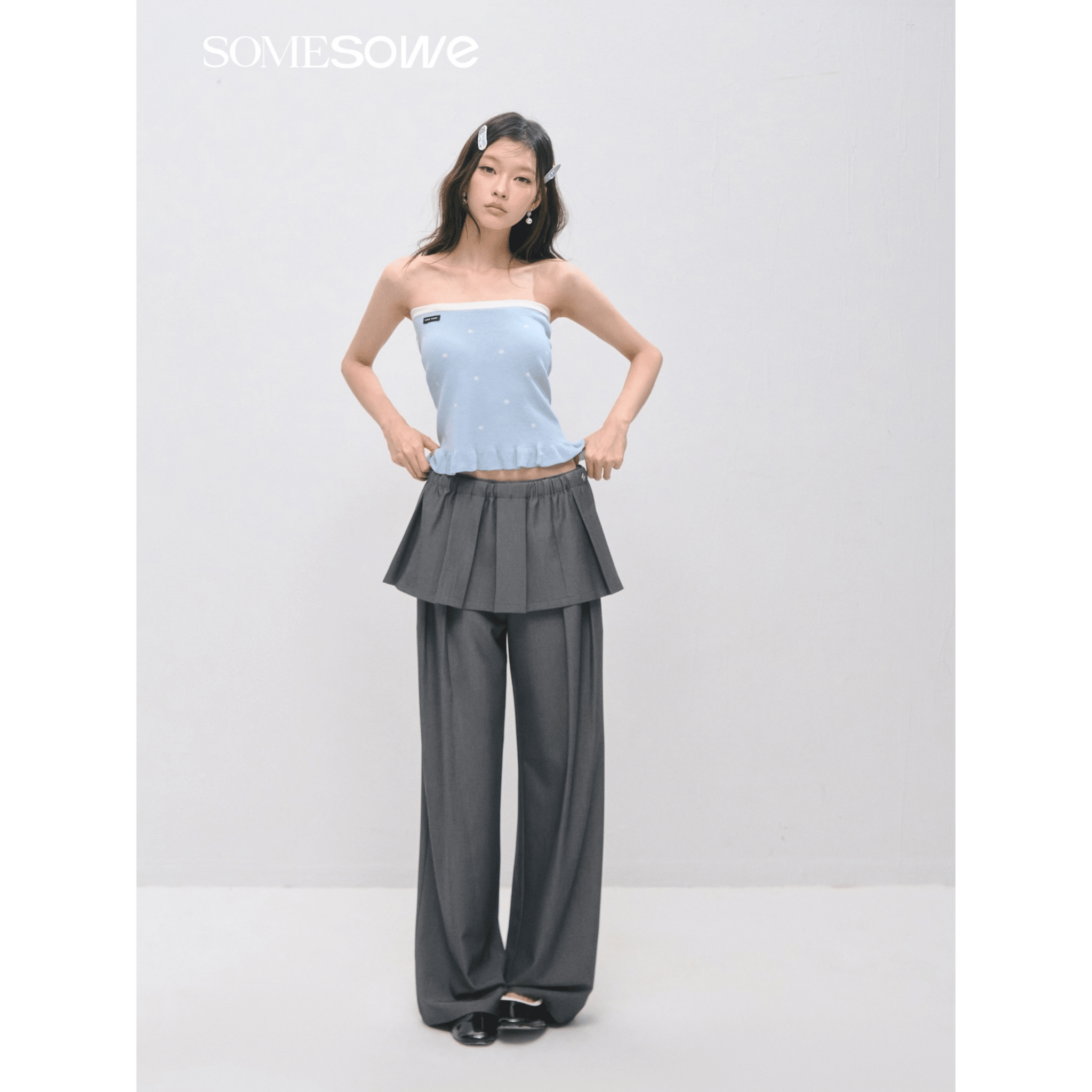 SOMESOWE Ruffled Strapless Cardigan Set in Blue | MADAX